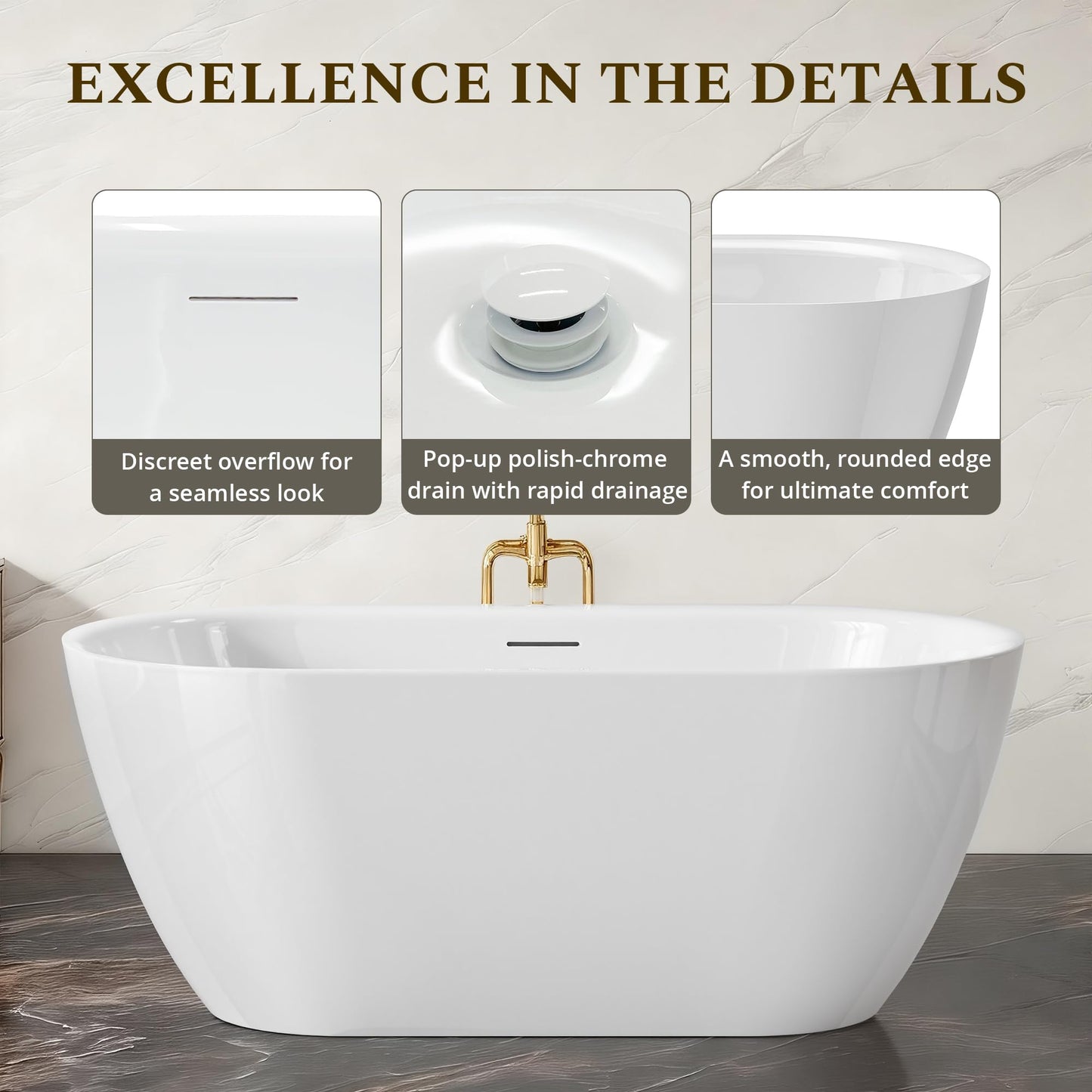 59" Freestanding Bathtub, Modern Oval Acrylic Soaking Tub with Overflow & Pop-up Device Function, cUPC Certified Deep Standalone Tub, Double-Walled Insulation, White