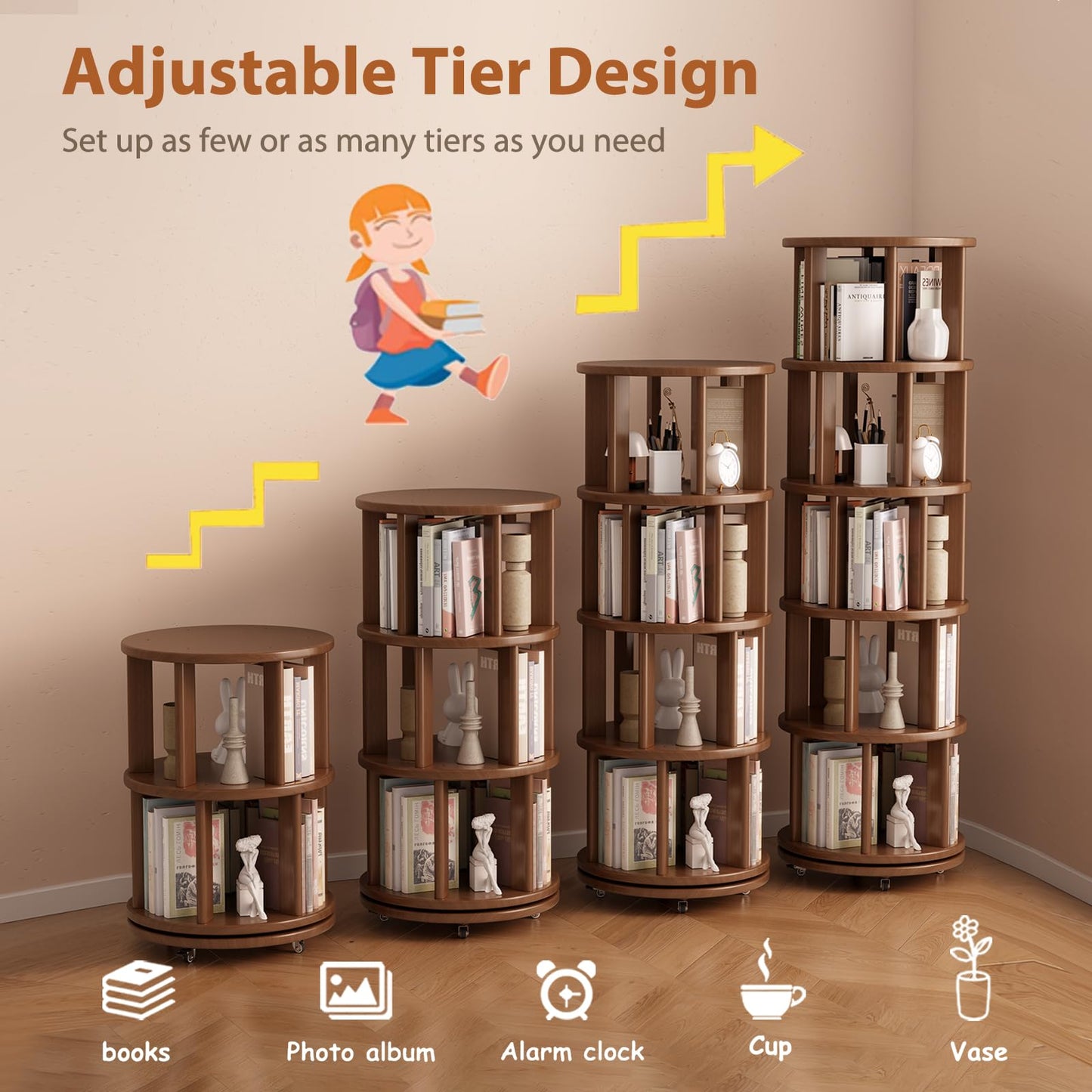 Muwuele Solid Wood Rotating Bookshelf on Wheels, 5 Tier, Round Revolving Bookcase, 360° Spinning Book Shelf Tower for Kids, Narrow Rolling Bookshelves for Small Space, Corner, Bedroom, Office, Walnut