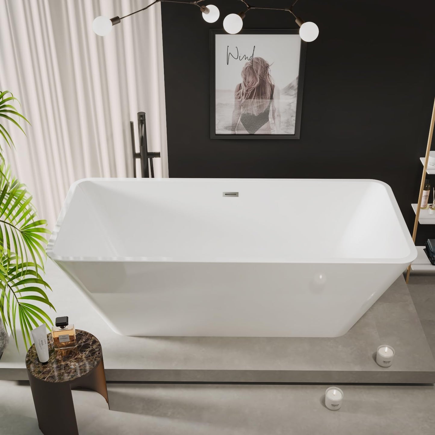66 Inch Freestanding Bathtub, Modern Soaking Bathtub, Freestanding Rectangular Tub with Non-Slip Base and Easy Drain, Deep Design for Adults, Ideal for Bathroom Relaxation, Chrome Drain, White
