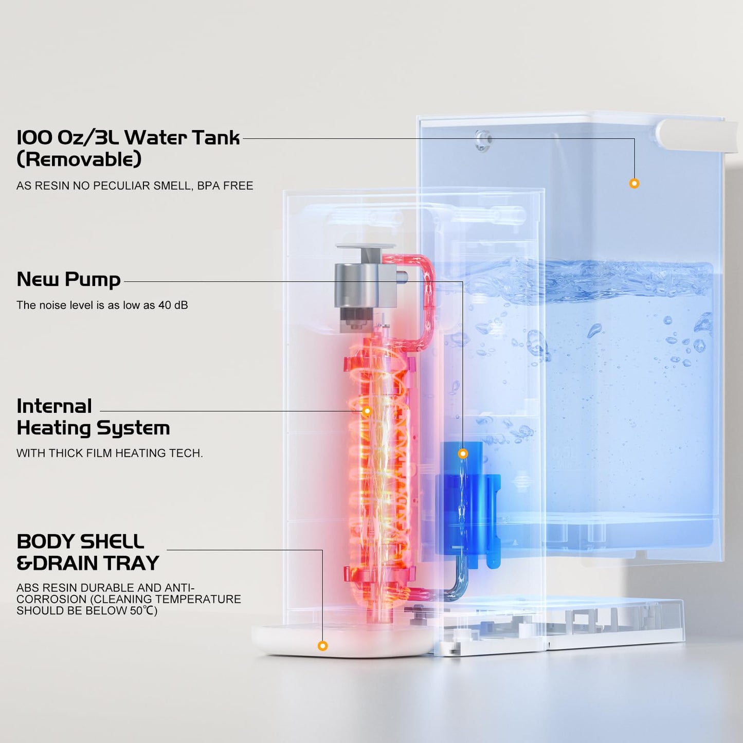 Rhovam Instant Hot Water Dispenser for Quick Heating & Dispense,Adjustable Temperatures & 3 Water Volume Dispense, Removable 100 Ounce 3L Water Tank Capacity, BPA Free