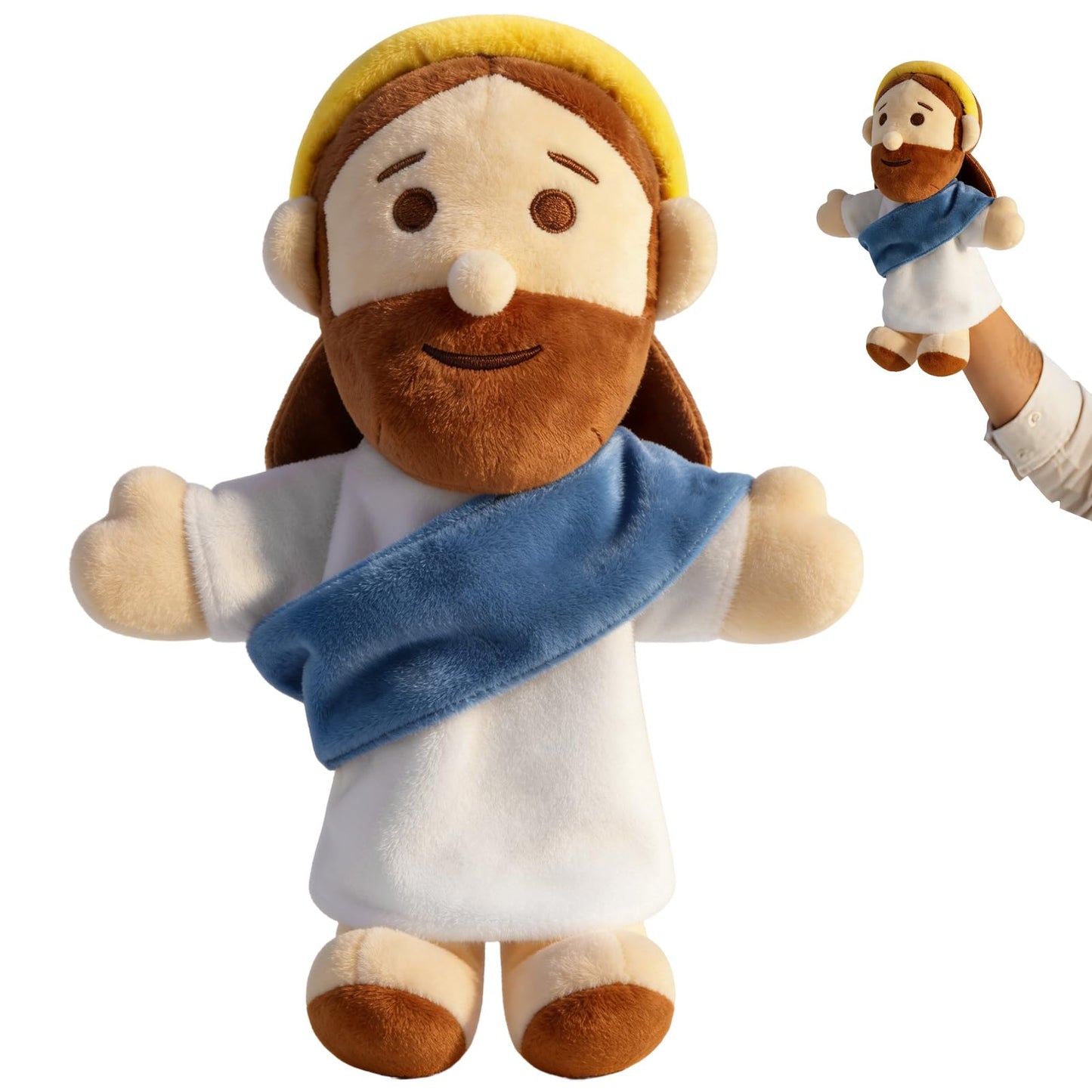 AKAIXI Jesus Hand Puppet Plush Jesus Doll 13" Blue Religious Bible Character Puppet Interactive Toy Fit Adult Hand Christian Easter Gifts for Baby Toddler Sunday School Kids First Communion Baptism