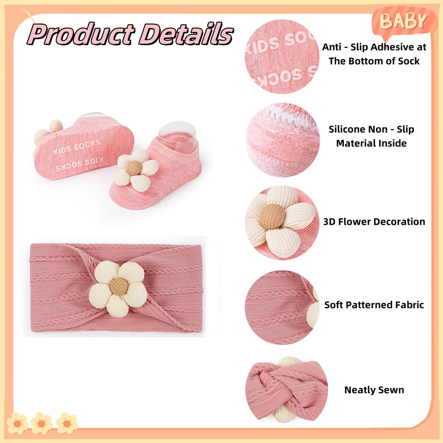 COZYOFFI Baby Flower Headband and Socks: Cute Headband and Socks Sets for Toddler Newborn Infant Girl Pink Khaki Beige