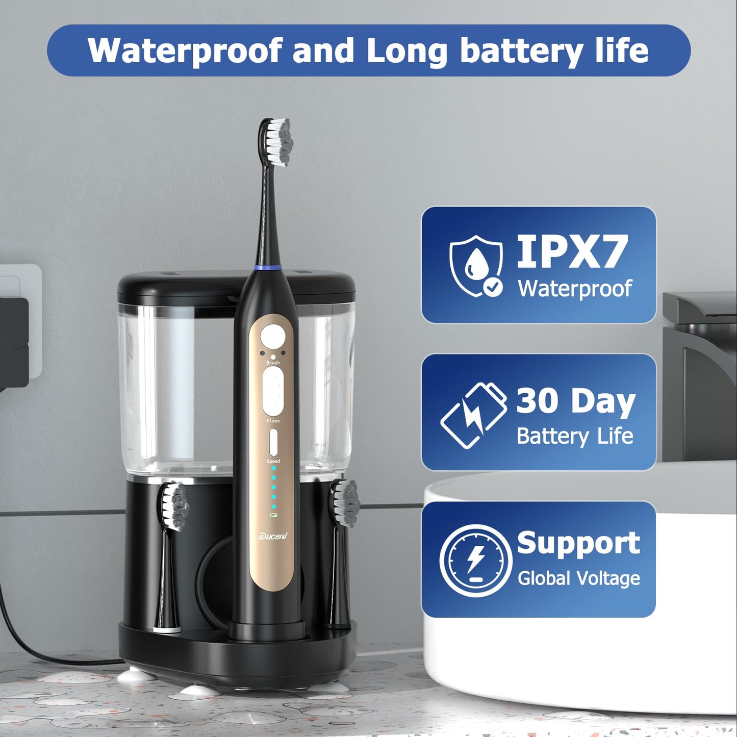 Electric Toothbrush with Water Flosser, Upgrade Flossing Toothbrush Combo with 3 Brush, 5 Floss Speeds& 3 Brush Modes, 500mL Tank, 30-Day Battery, for Adults & Teens, Gums, Braces-Black