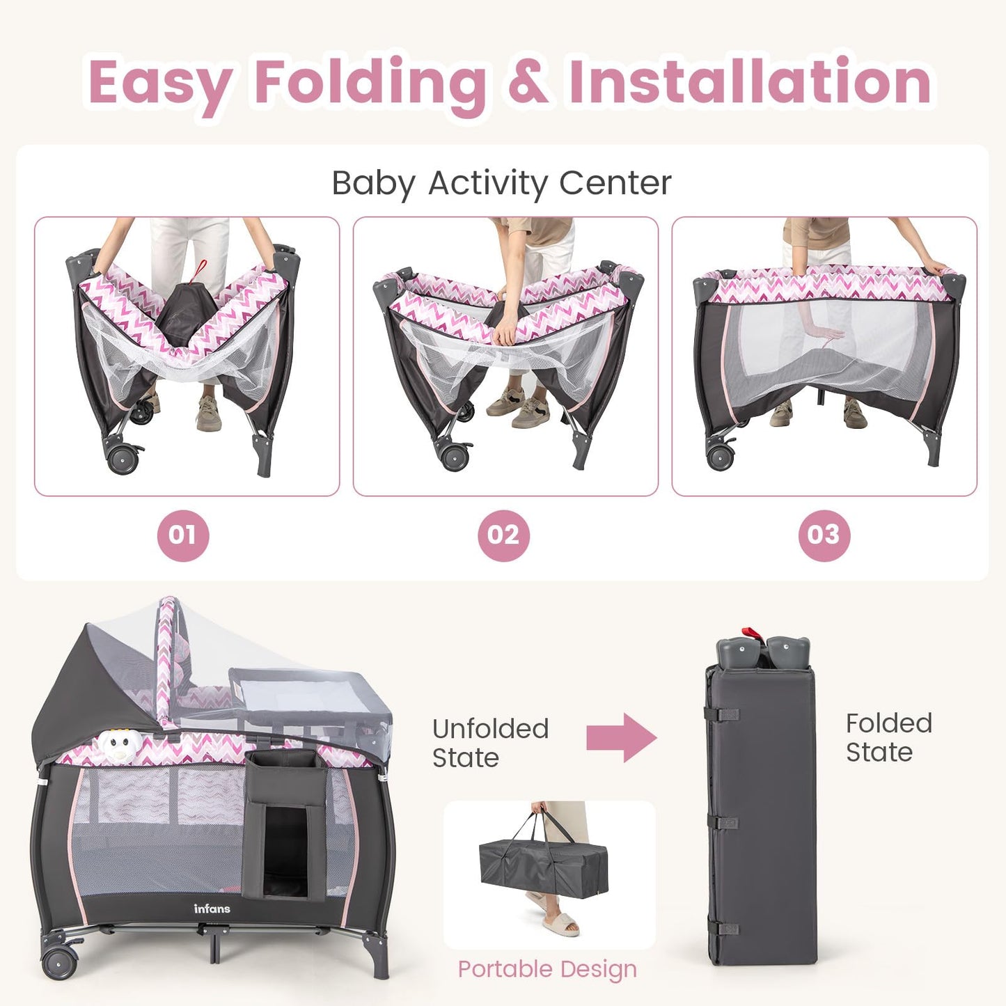 INFANS 4 in 1 Pack and Play, Portable Travel Baby Playard with Bassinet, Changing Table, Canopy, Mosquito Net, Hanging Toys, Music Box, Storage Bag, Large Playpen from Newborn to Toddlers (Pink)