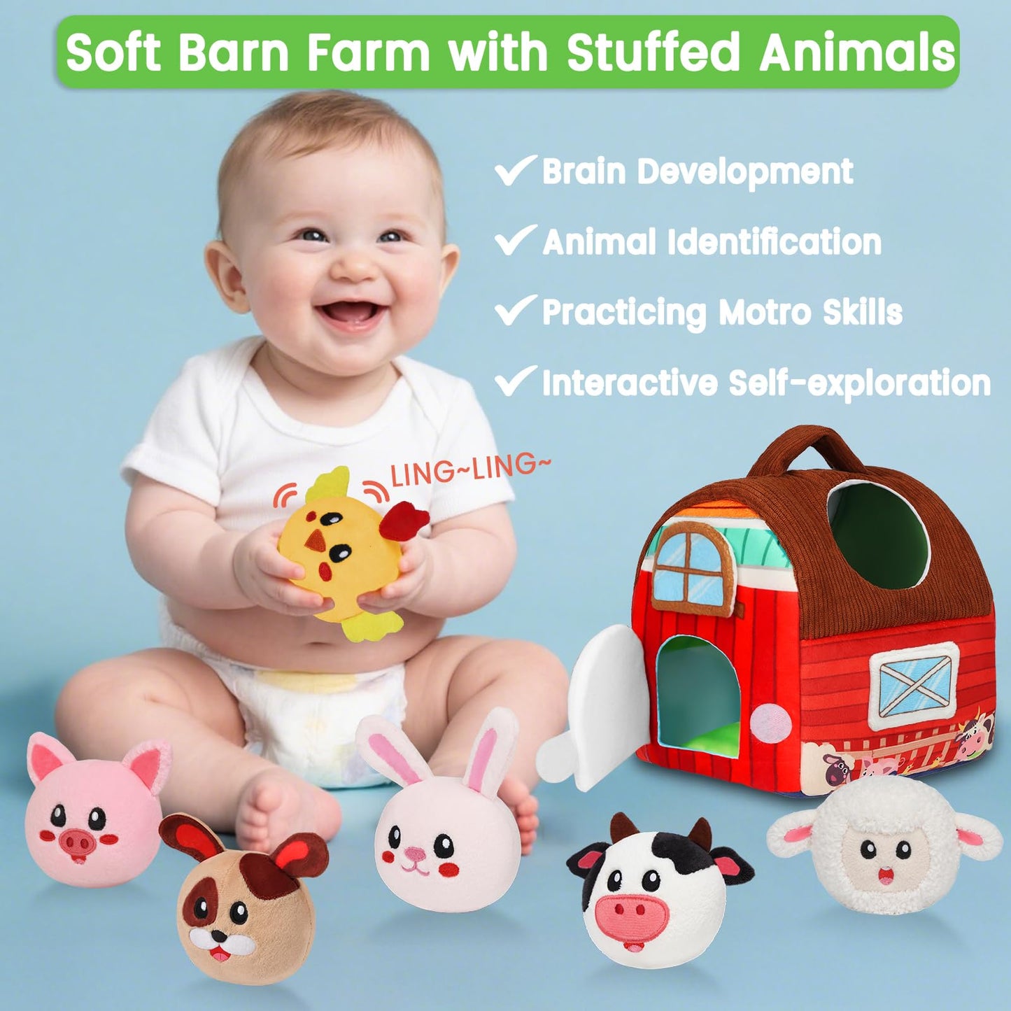 Avesa Baby Toys 6-12 Months - Soft Barn Toy with Stuffed Farm Animals, Rattle - Montessori Toys for Babies 6 Months Old Sensory Infant Toy Baby Gifts Easter Basket Stuffers