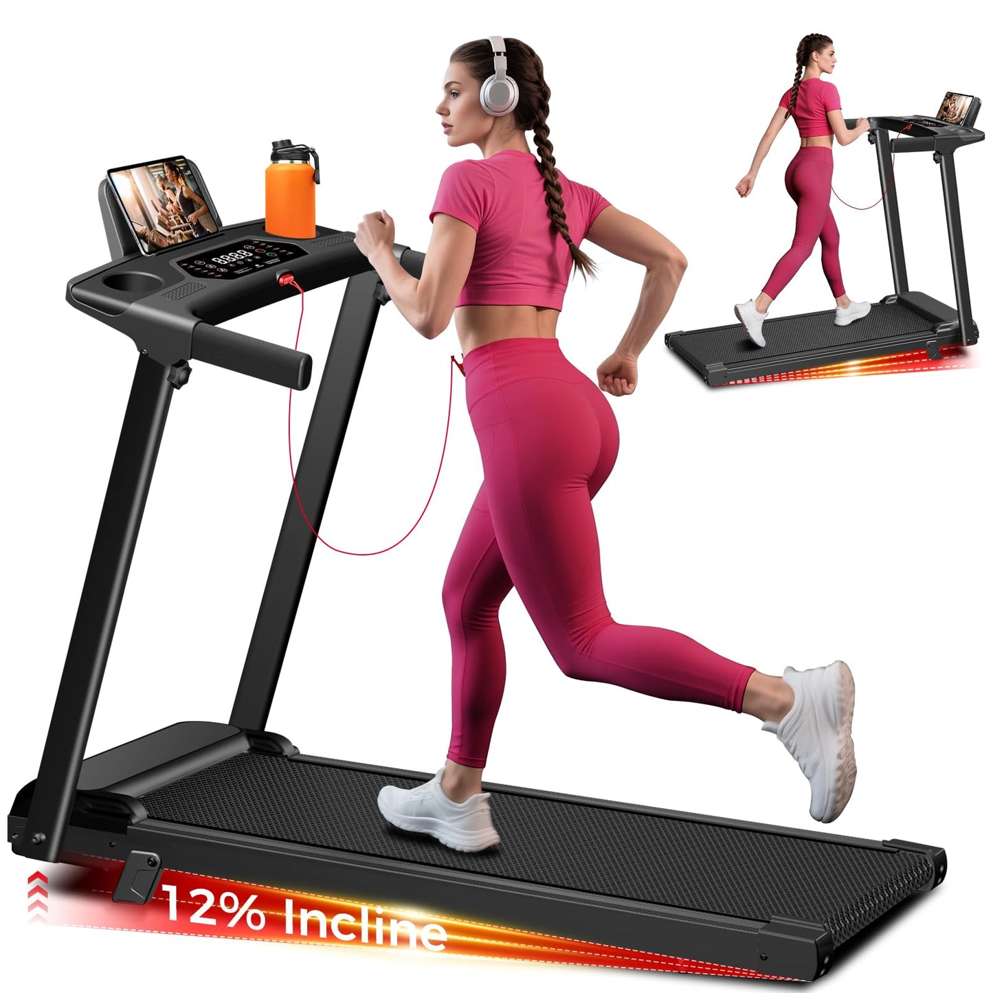 Aiteid Treadmill with Incline,3.0HP Small Treadmills for Home,Portable Electric Treadmill with Handles,Lightweight Walking Pad,Compact Running Treadmills,Walking Pad with Handle,300LBS Capacity(Black)
