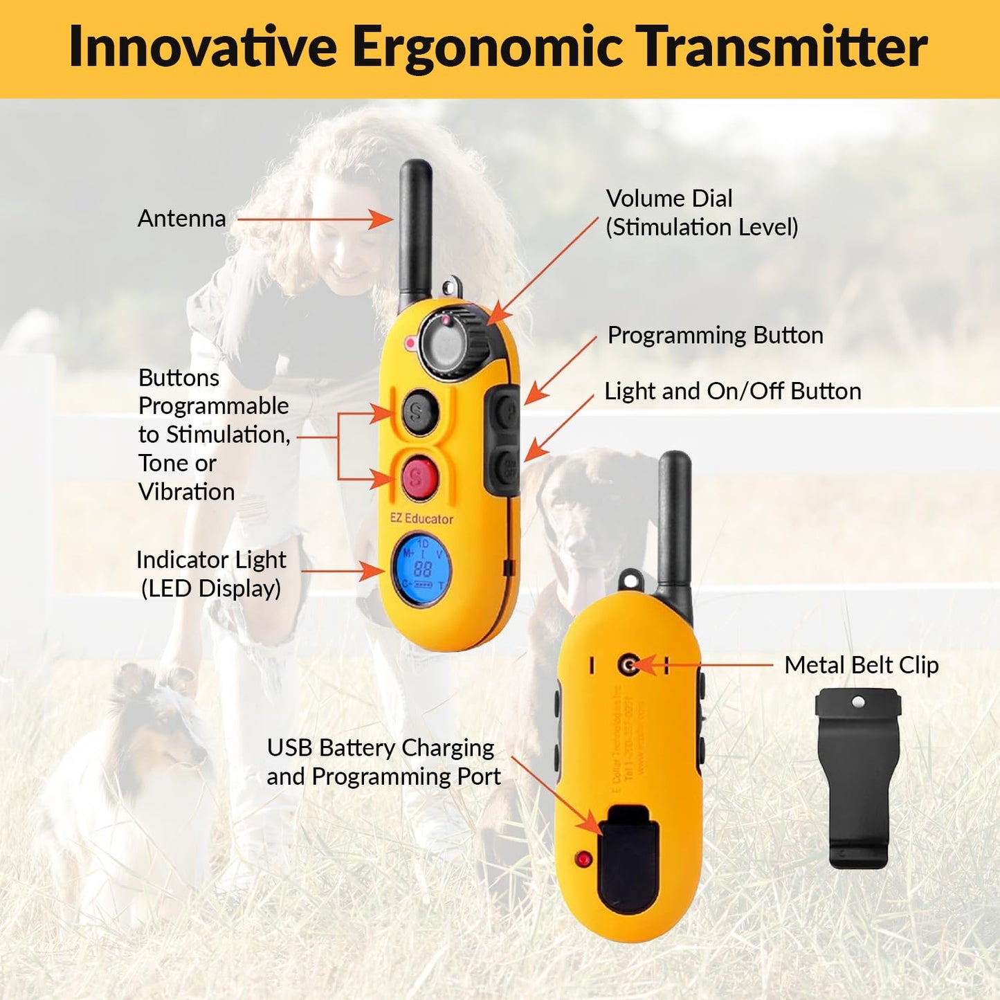 Educator EZ-900 1/2 Mile Dog Training Collar with Ergonomic Remote–Humane Vibration Stimulation & Pavlovian Tone–Waterproof, Rechargeable, Biothane Collar, Night Light–Small & Medium Dogs–Yellow
