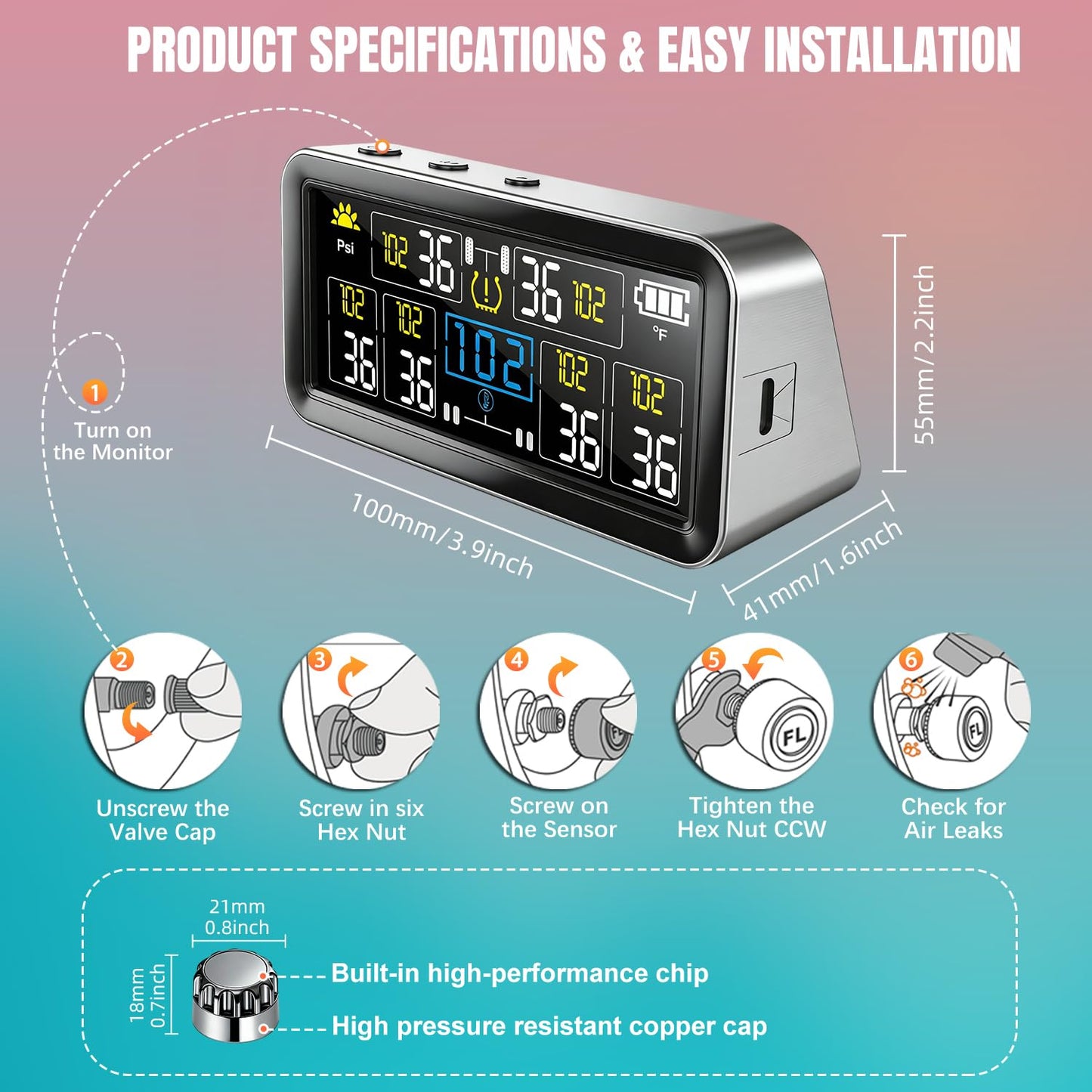 Tire Pressure Monitoring System - RV TPMS with 6 External Sensors & 6 Alert Modes, 4.0" Large LCD Display, Intelligent On/Off Solar TPMS for Trailer Camper SUV Pickup truck Easy to install, 0-144 PSI