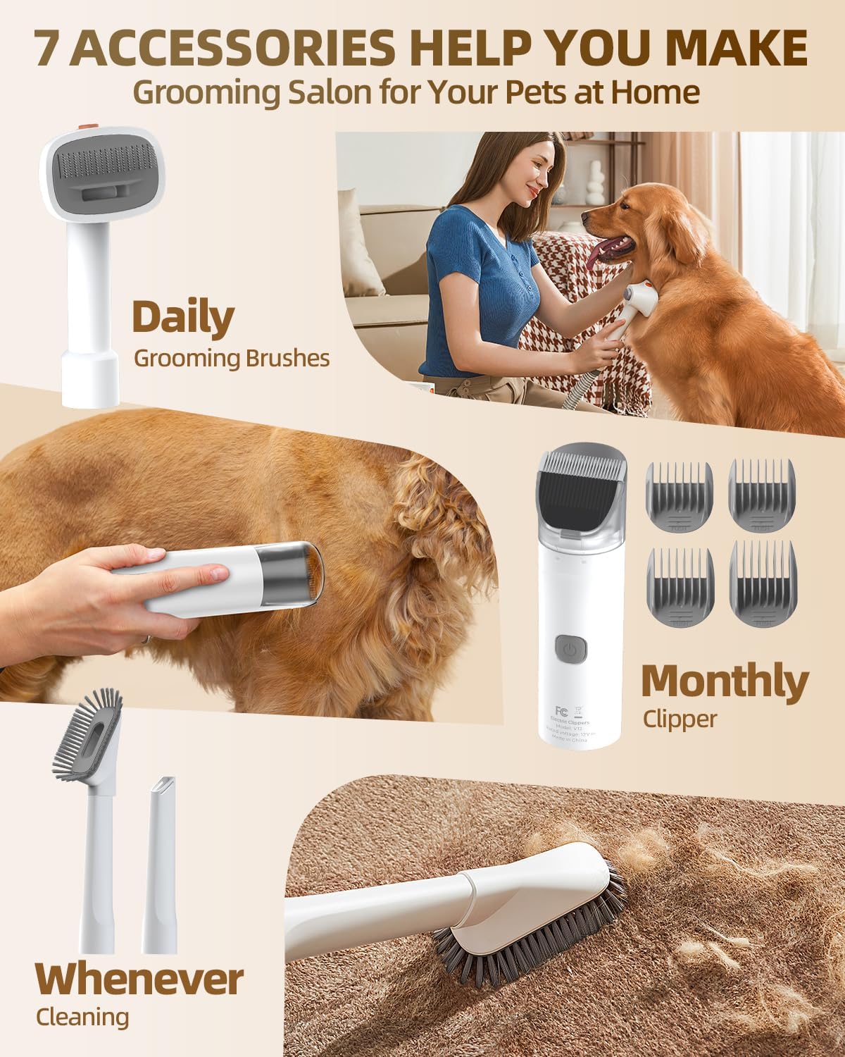 Simple Way Dog Grooming Vacuum Kit for Shedding: Pet Hair Remover with Quiet Suction Cleaners and Large Capacity Dustbin for Long-Haired Dogs and Cats Home Brush and Groomer with 6 Attachments(Ivory)