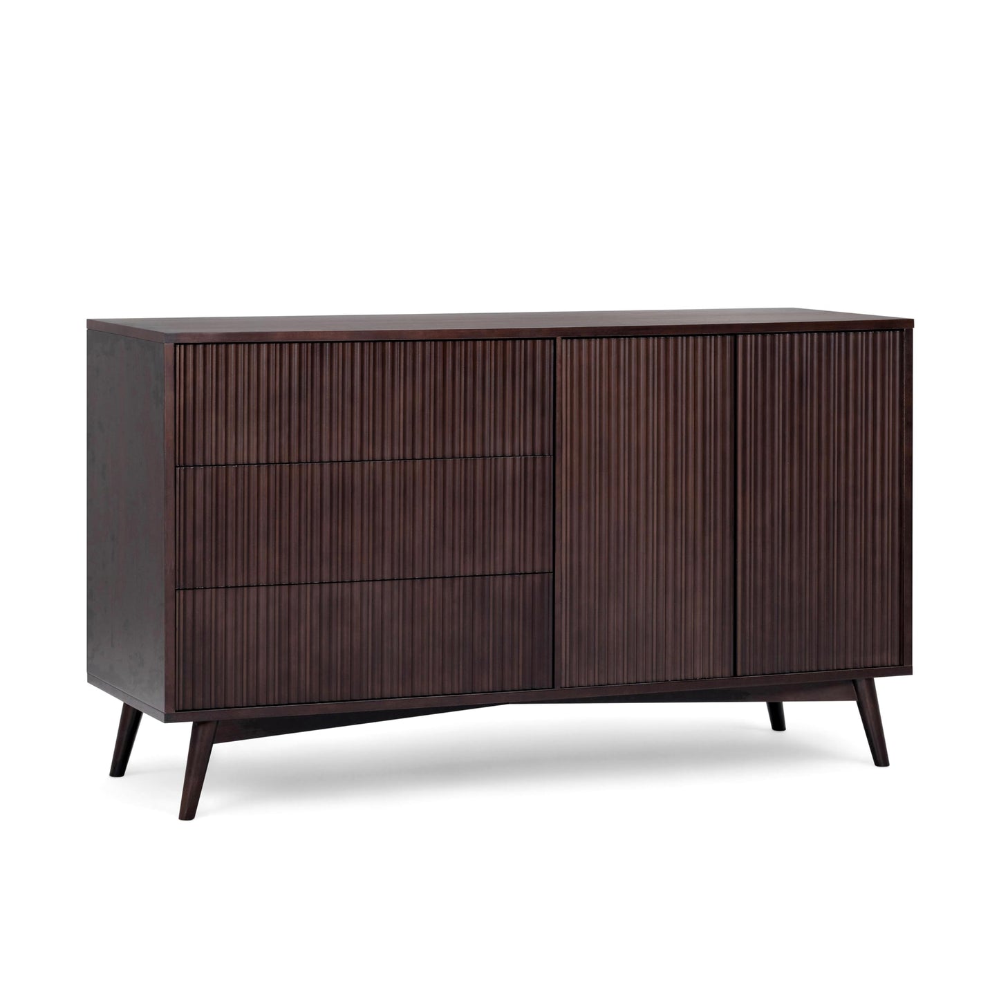 Teamson Home Tremolo 55″ Wide Sideboard Cabinet with 3 Deep Drawers & 2 Push-Open Doors, Adjustable Shelf & Rubber Wood Feet, Fluted Fronts in Contemporary Style for Living, Dining Room, Espresso