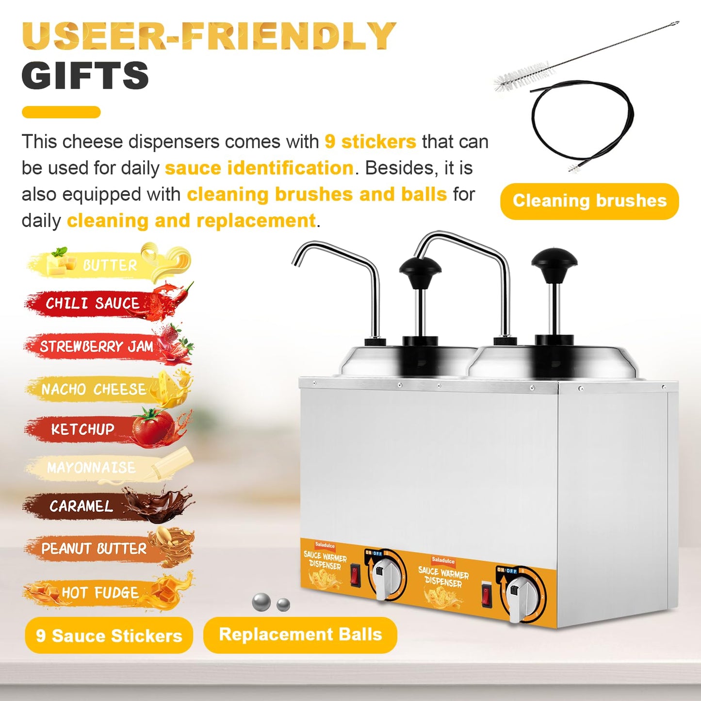 Saladulce Nacho Cheese Dispenser Warmer 5.3Qt Electric Cheese Pump with 9 Stickers&Cleaning Kits, Insulated Dispenser Pump for Cheese Fudge Caramel 86-185℉ 110V