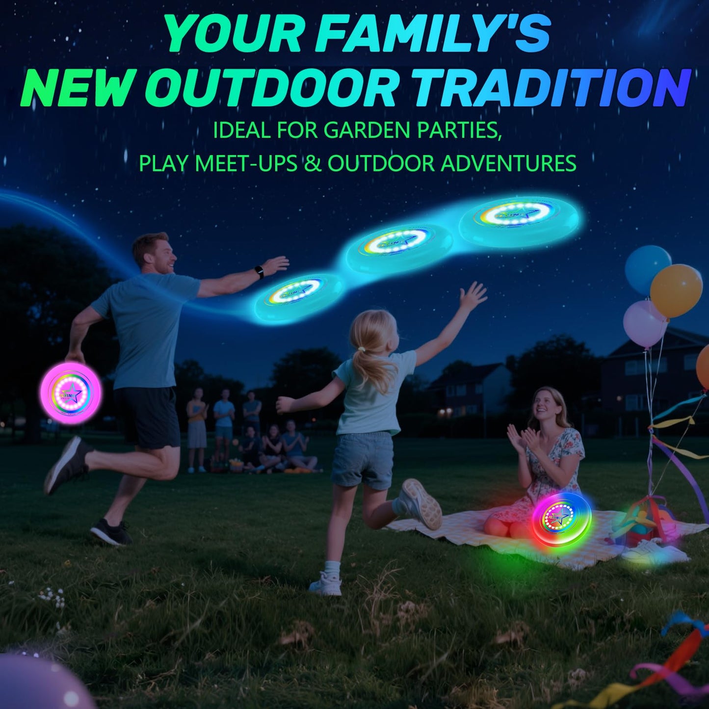 Dilabnba LED Flying Disc Toy for Lawn Game Beach Sand Backyard Outdoor Playing, Glow in The Dark Flying Ring Toass and Catch Camping Toy for Kids Adults Teen, Rechargeable, 175g