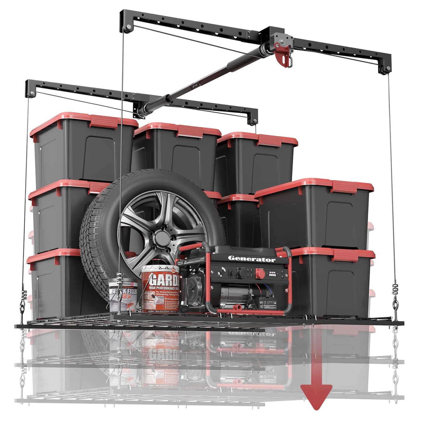 KOKORACKER Overhead Garage Storage Lift, Heavy-duty 4x4 Ft Garage Ceiling Storage Racks with Safety Lock, Ideal for Ceiling Storage Lifting Organization System, 250lbs Capacity