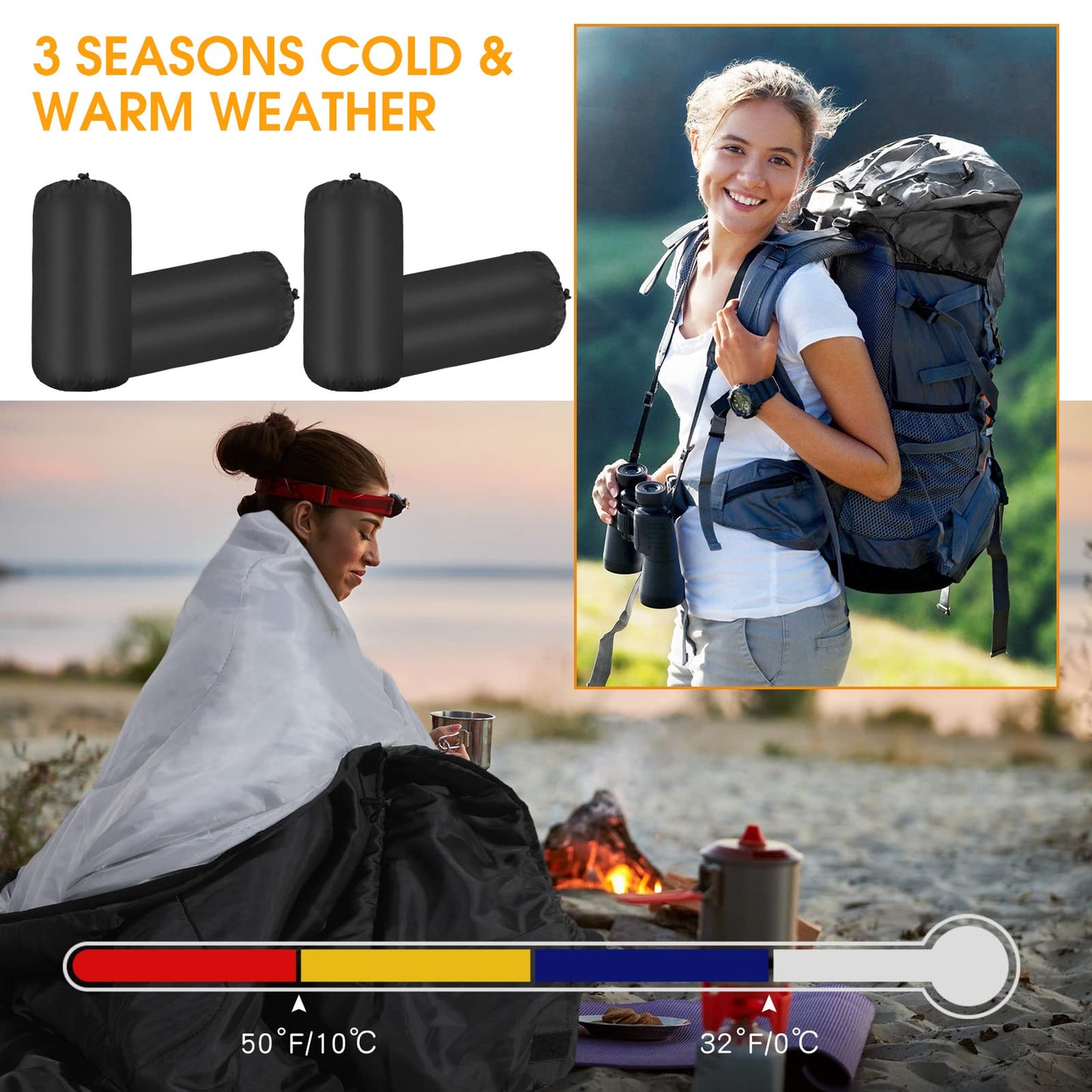 Macarrie 10 Pcs Bulk Sleeping Bags for Homeless Donation Shelter Adults 0 Degree Waterproof Sleeping Bags with Compression Sack for Cold Weather Emergency Hiking Camping Warm(Black)