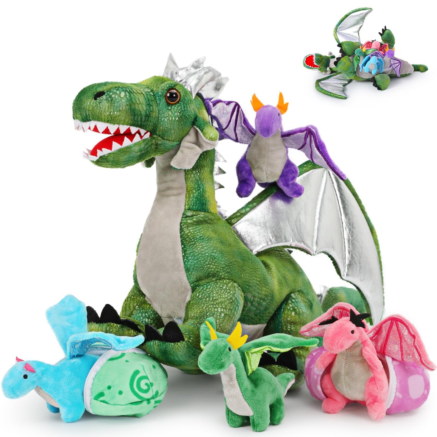 Karister 7Pcs Giant Green Dragon Plush Toy Set, 21.7" Big Mother Dragon Stuffed Animal with 4 Babies & 2 Eggs, Stuffed Dinosaurs for Kids Boys Girls, Cute Soft Plushies Gift for Birthday Christmas