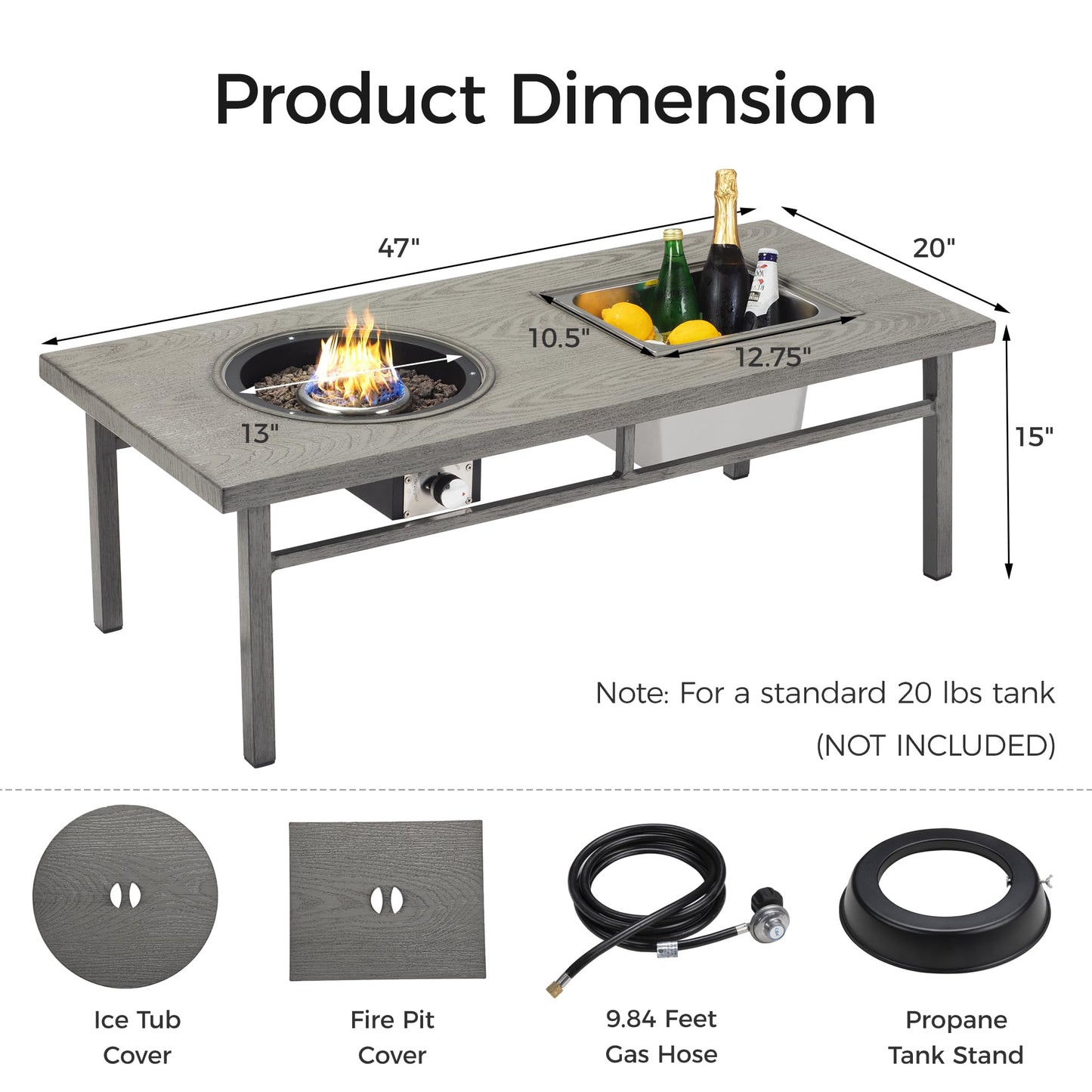 Green4ever Aluminum Propane Fire Pit Table, 47" 50,000 BTU Multifunctional Fire Table with CSA Certification, 4.5 Gallons Ice Bucket, and Lava Rocks, 3-in-1 Coffee Table for Outdoor Patio, Grey