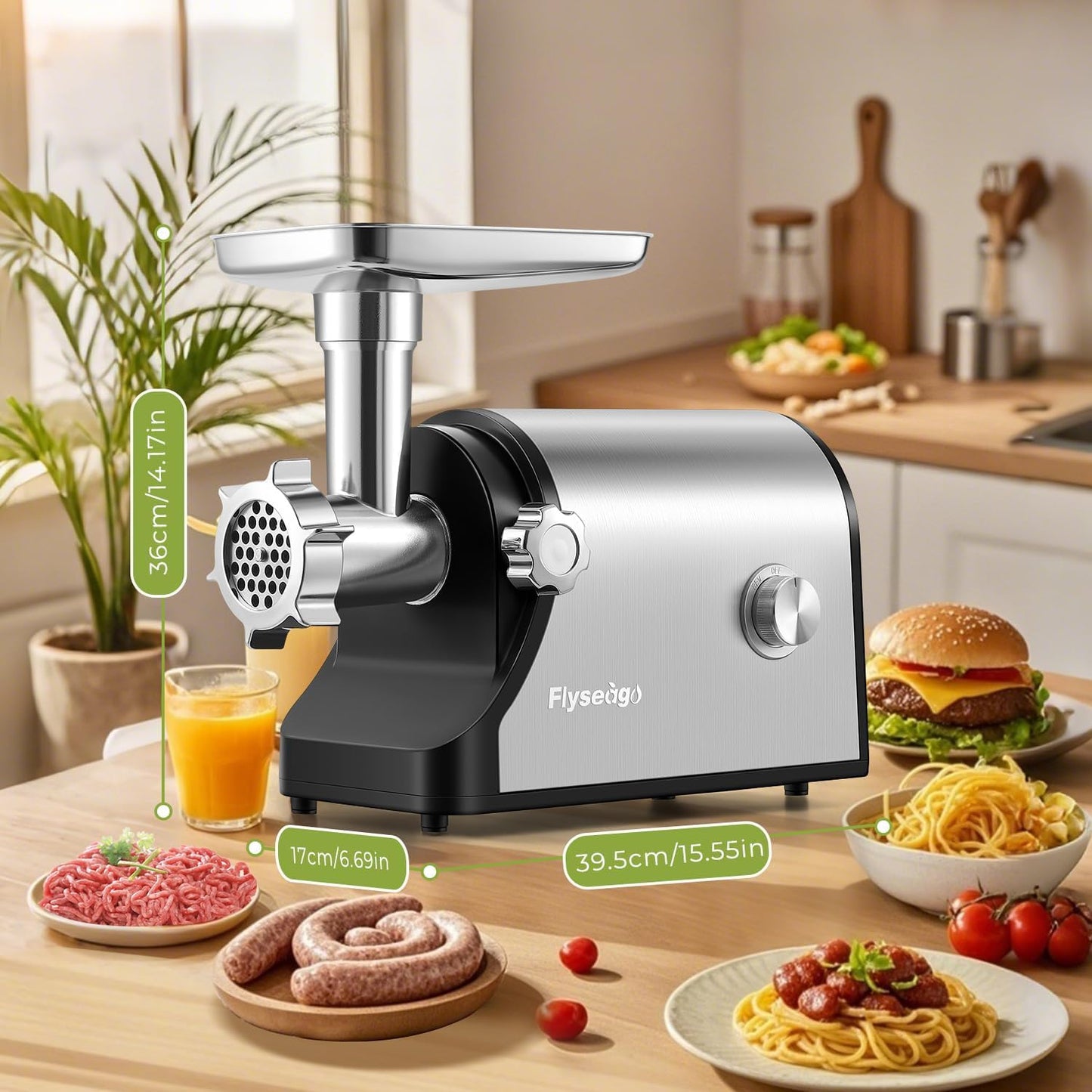 Flyseago Multifunctional 3200W Electric Meat Grinder Heavy Duty Commercial Meat Grinders, Veggie Shredder, Ice Cutter with 2 Blades, 3 Grinding Plates, 3 Sausage Tubes, Meat Grinder for Home Use