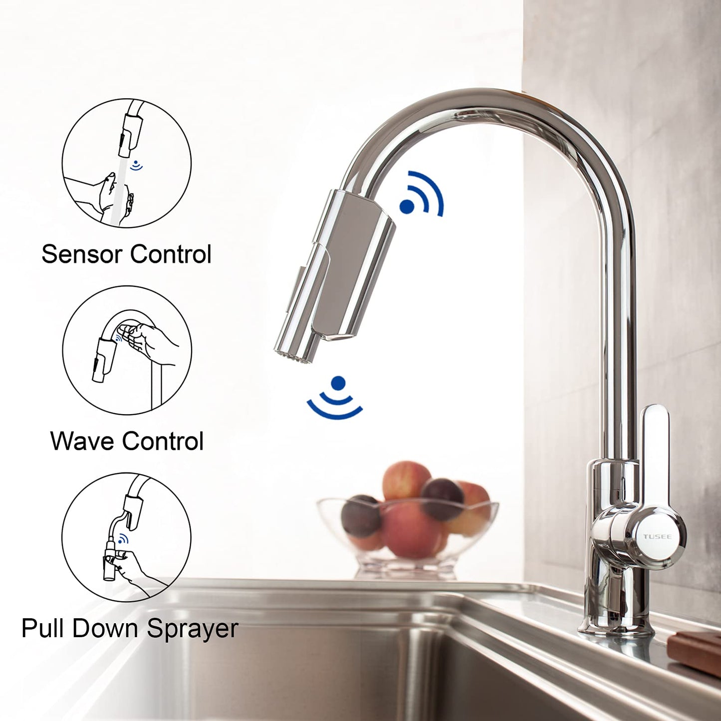 TUSEE Two-Sensor Touchless Kitchen Faucet with Pull Down Sprayer, Single Hole Chrome Kitchen Faucet with Temperature Control, Stainless Steel Kitchen Sink Faucet, TS-6102C