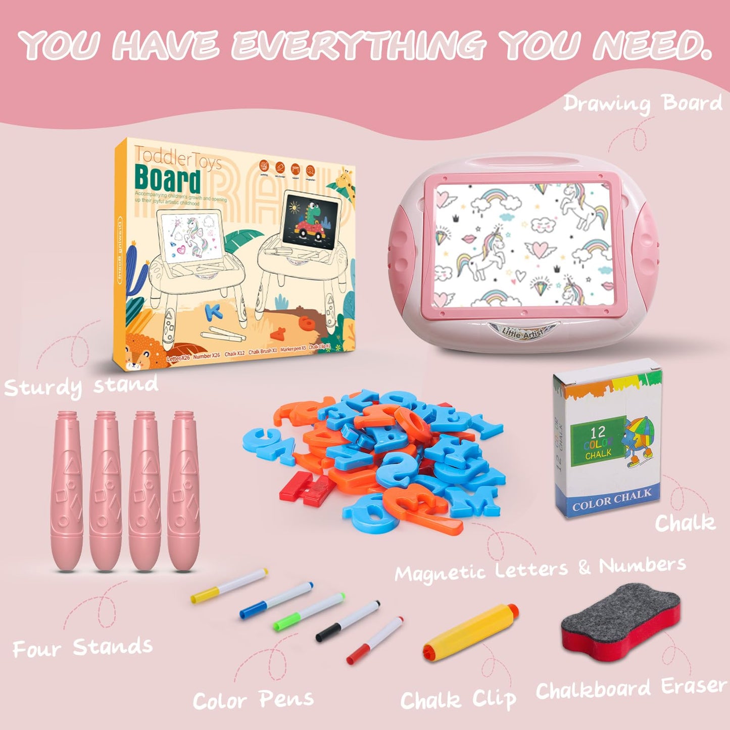 Gift for 1-2 Years Old Girl, Girl Toys with Magnetic Letters and Numbers, Portable Doodle Board Easel, Learning and Educational Toy for 1-2 Years Old Girls (Pink Red)