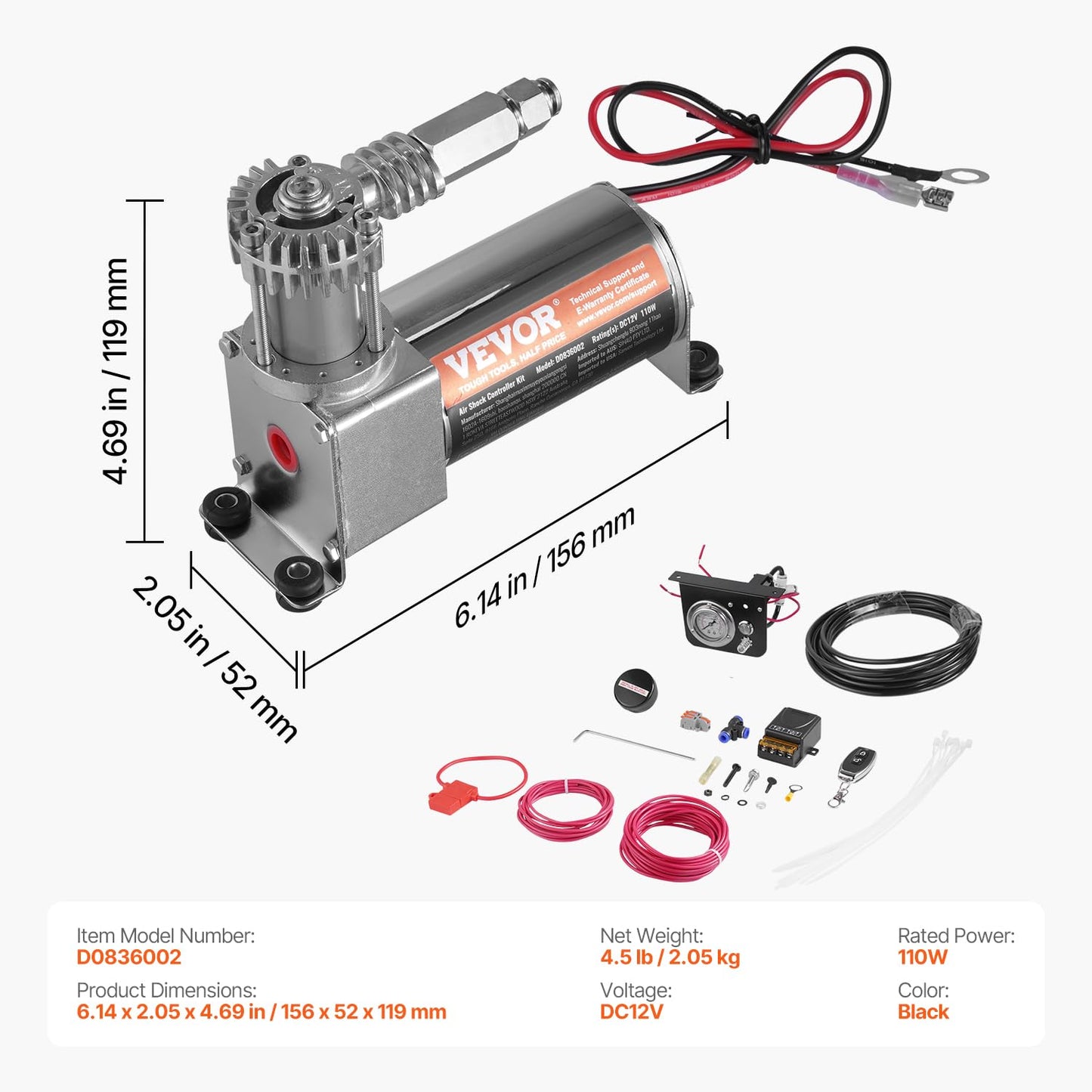 VEVOR Air Shock Controller Kit, 12V 100PSI On Board Air Compressor System, Air Ride Suspension Compressor Kit with Single Path System, Pressure Gauge & Air Line for Trucks Vans