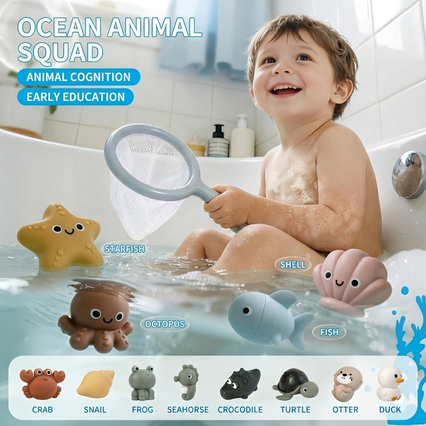 Bath Toys for Toddlers 1-3, 12 Pcs No Hole Baby Bath Toys, Ocean Animal Bathtub Toys for Boys Girls, Toddler Water Table Pool Toys Ages 2-4 4-8, Kids Birthday Easter Gifts