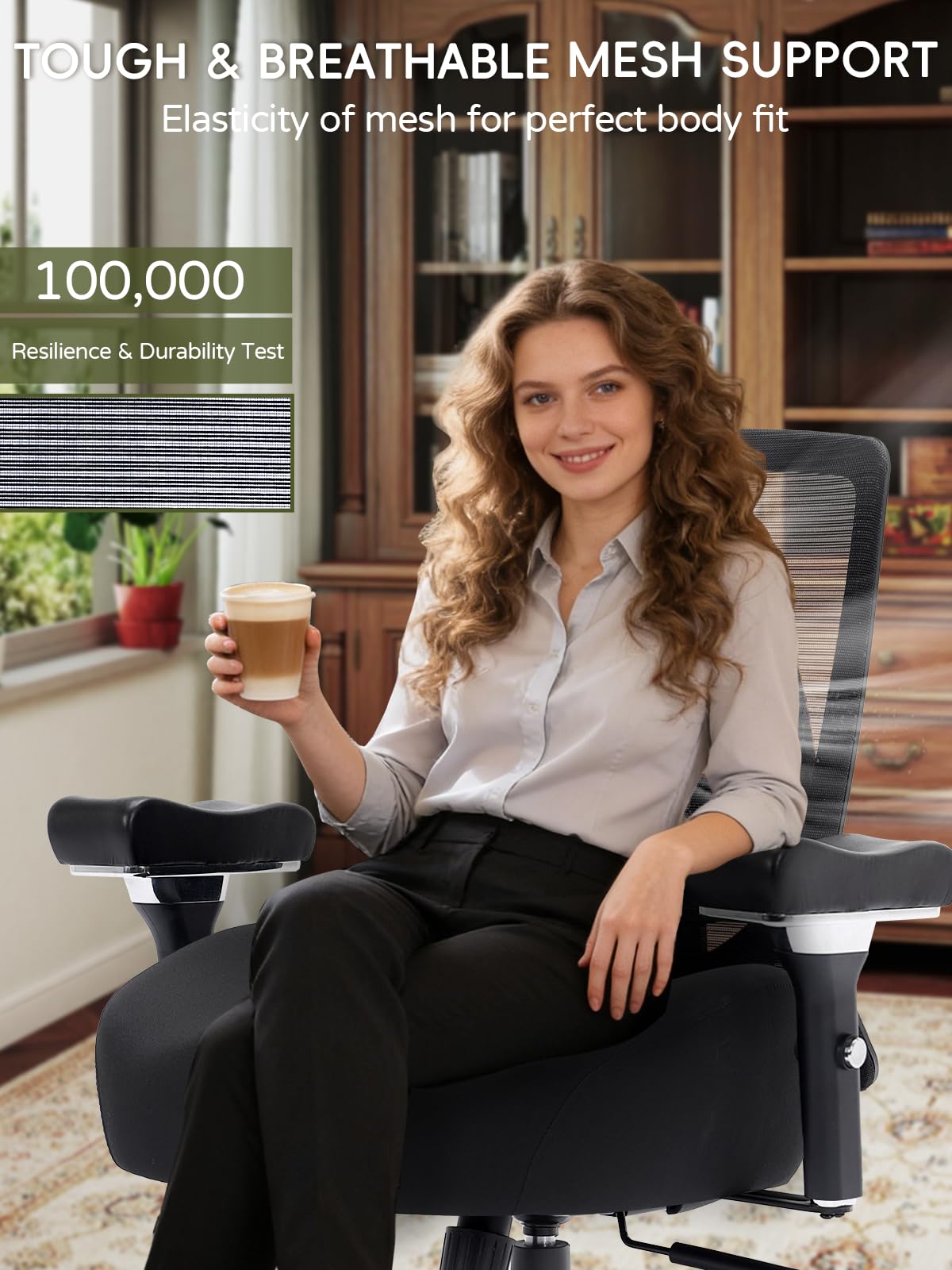 Office Chair 500lbs, Ergonomic Desk Chair with W-Shaped Thick Seat Cushion & 4D Armrest, Executive Mesh Desk Chair with Adjustable Lumbar Support, Swivel Task Chairs for Home Office Gaming, Black