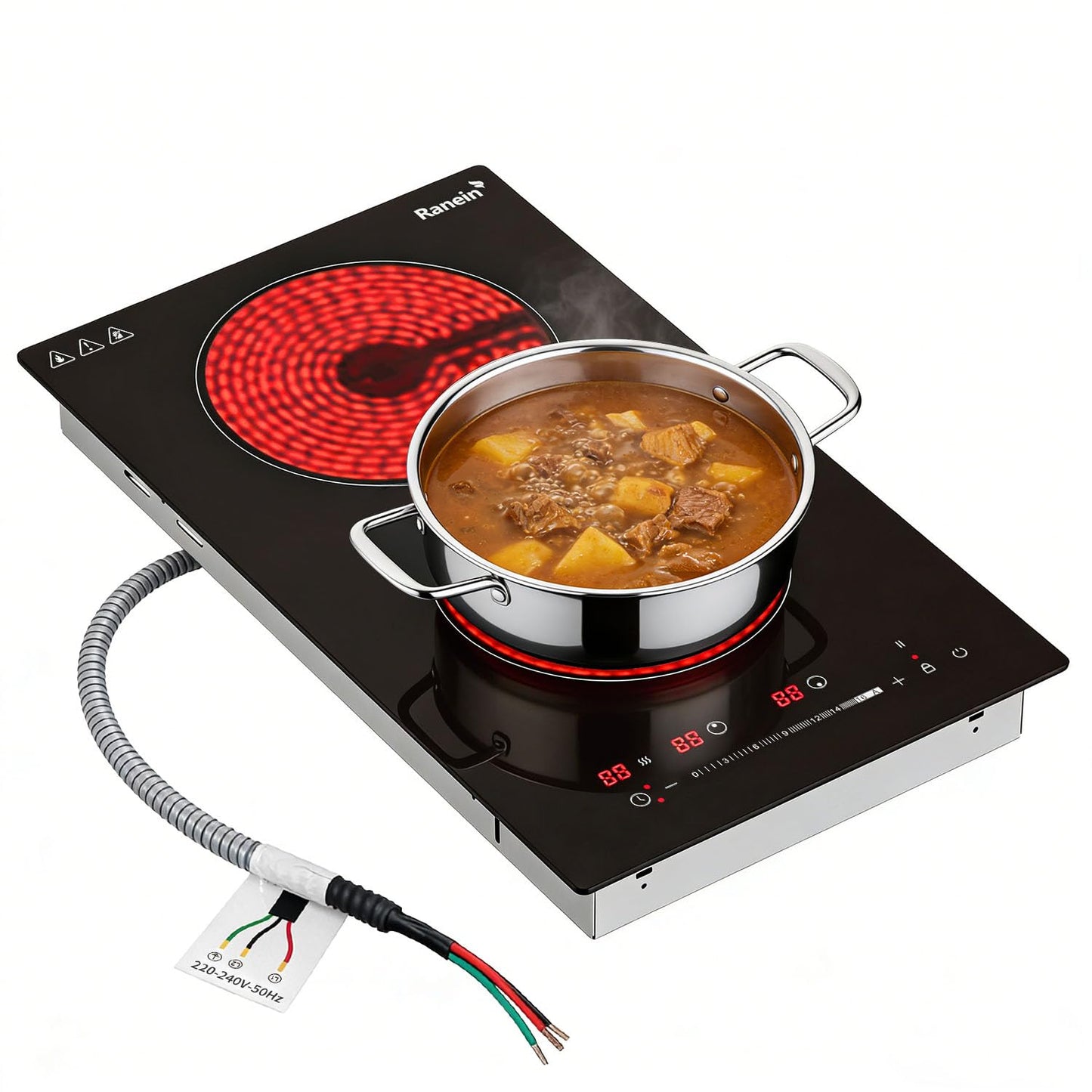 Ranein Electric Cooktop with 2 Burners, 12 inch 3000W 240V Ceramic Panel Electric Cooktop, Multiple Safety Protections Stove, Touch Screen