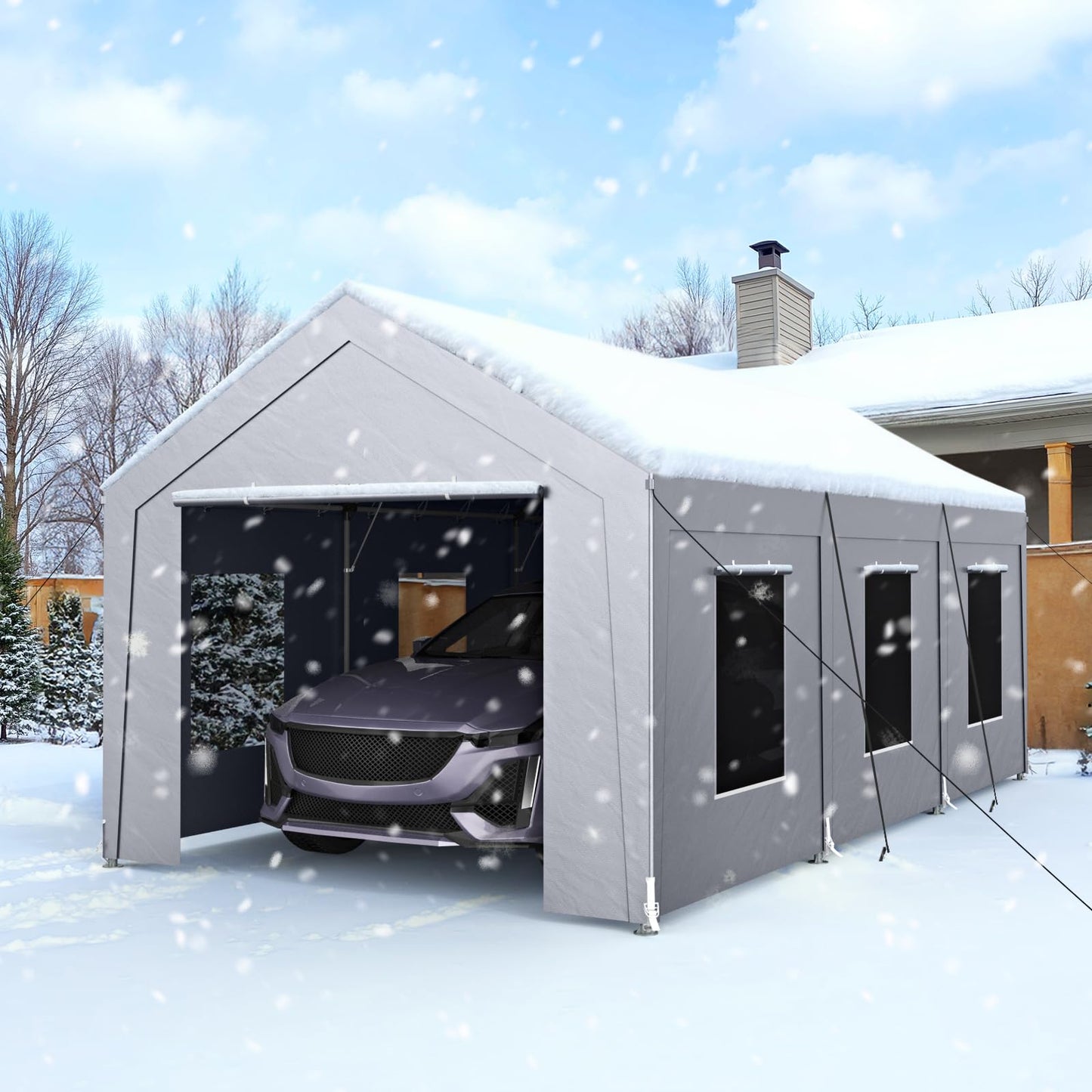 Carport 10x20 ft Heavy Duty, Car Port with Reinforced Steel Frame and 6 Roll-up Windows, Portable Garage with Sturdy Ground Nails, Waterproof All-Season Car Canopy for Boat, Truck, Grey