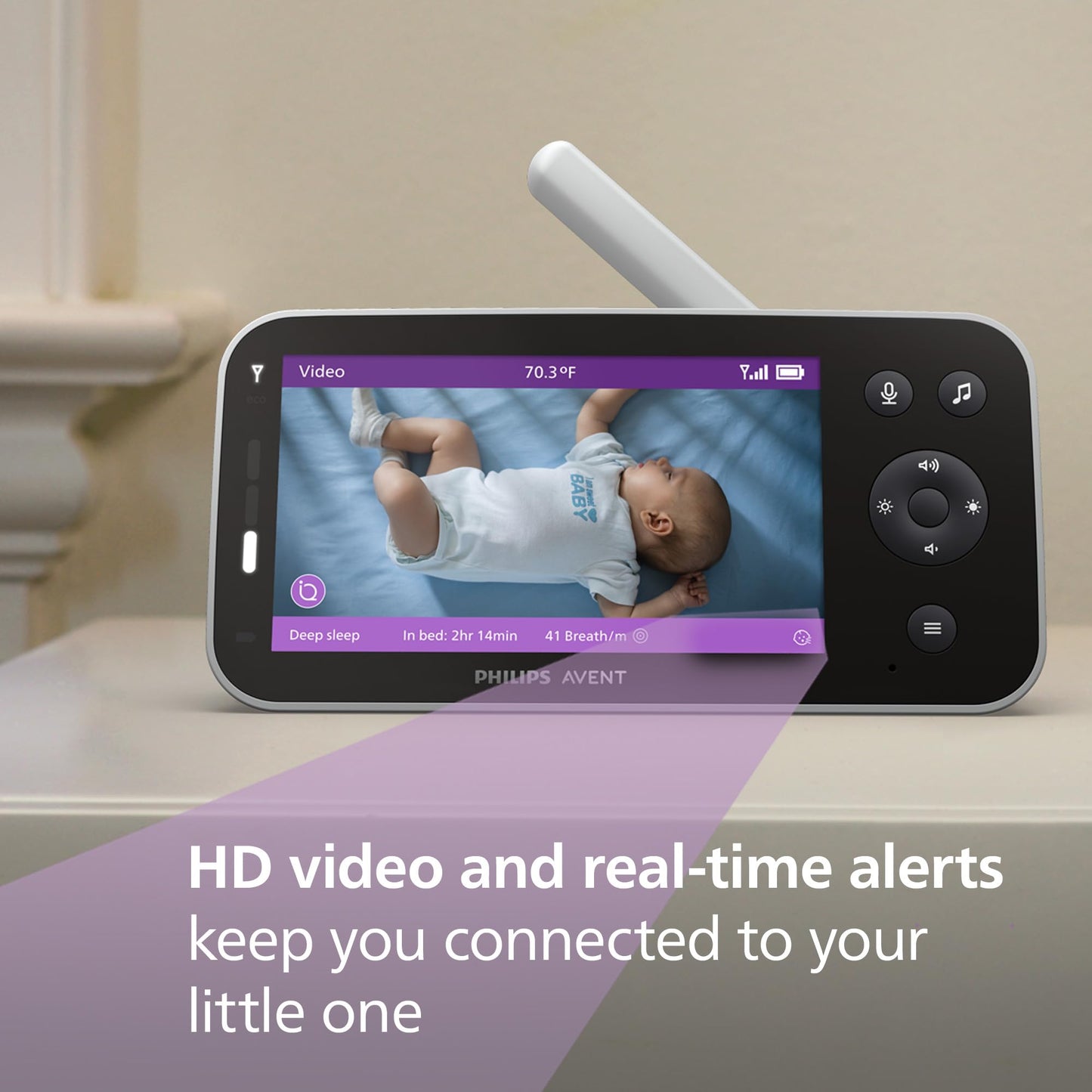 Philips Avent Premium Connected Baby Monitor, with 1080p Camera and App, SenseIQ Sleep and Breathing Rate Tracking, Cry Detection and Translation, Day and Night View, Two-way True Talk Back, SCD973/37