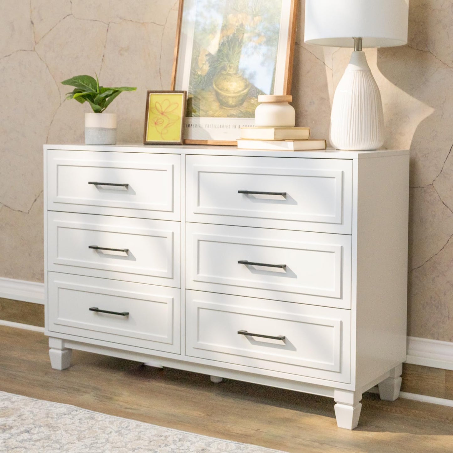 BERRY NEST Farmhouse 6 Drawers Dresser for Bedroom, White Dressers with Unique Solid Wood Legs, Modern Wide Chest Dressers for Clothes, Closet, Living Room