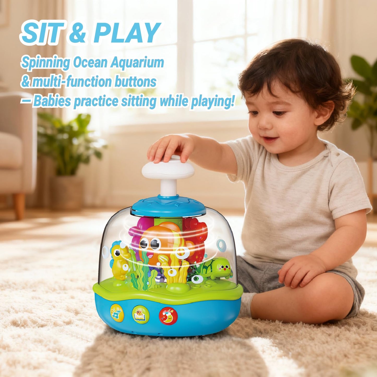 MoraBaby Baby Toys 6-12-18 Months, Press & Spin Ocean Musical Light Up Toy | Bilingual Learning Educational Cause and Effect Toy for 1 Year Old Boy & Girl, Birthday Gifts for 1-3 Year Old