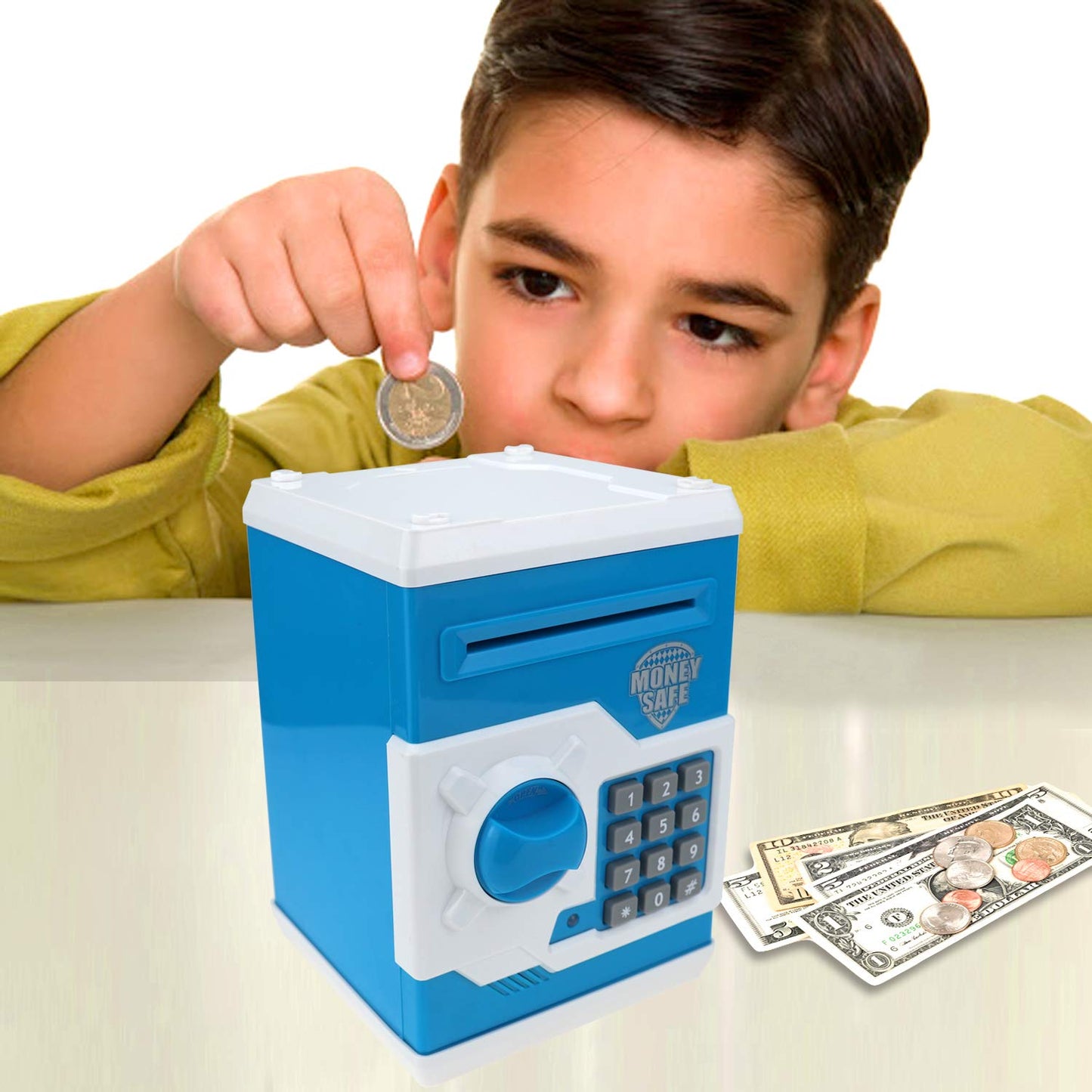 Yoego Kids Money Bank, Electronic Piggy Banks, Great Gift Toy for Kids Children, Auto Scroll Paper Money Saving Box Password Coin Bank,Perfect Toy Gifts for Boys Girls (Blue White)