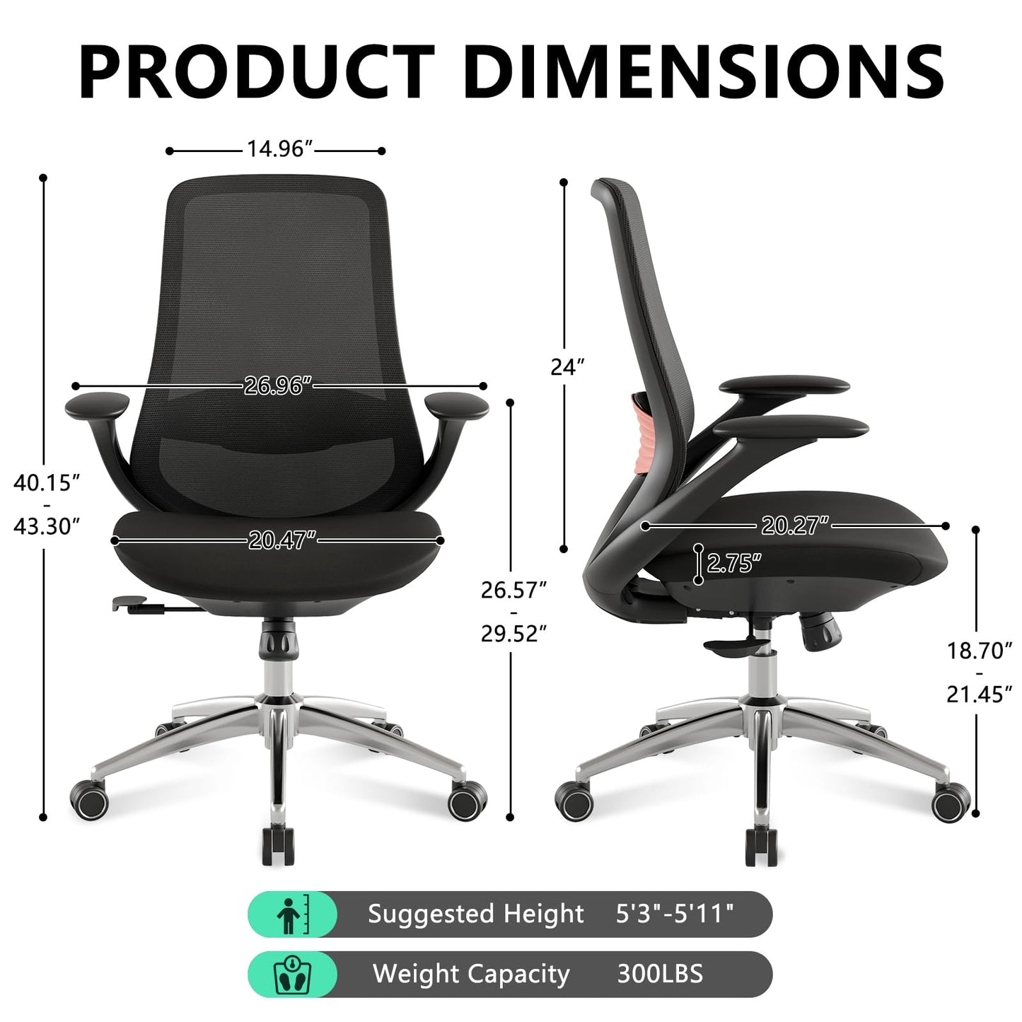 BERYTH Ergonomic Office Chair, High-Back Mesh Executive Chair with Lumbar Support & 360° Adjustable Arms, Reclining Desk Chair with Tilt Lock for Home Office, Gaming, and Work, 300lb Capacity (Black)
