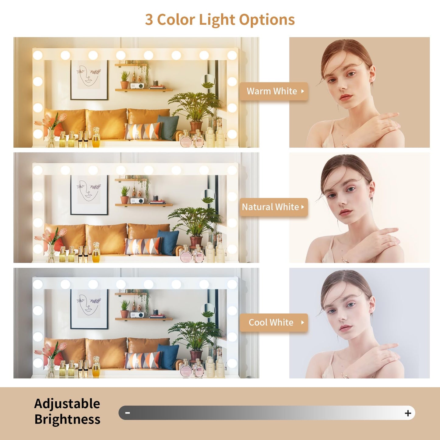 VOWNER Vanity with Lighted Mirror - Makeup Vanity Desk with Glass Top and 11 Drawers, 3 Color Lighting Modes Adjustable Brightness, 46" Vanity Table with Soft Cushioned Stool for Bedroom, White