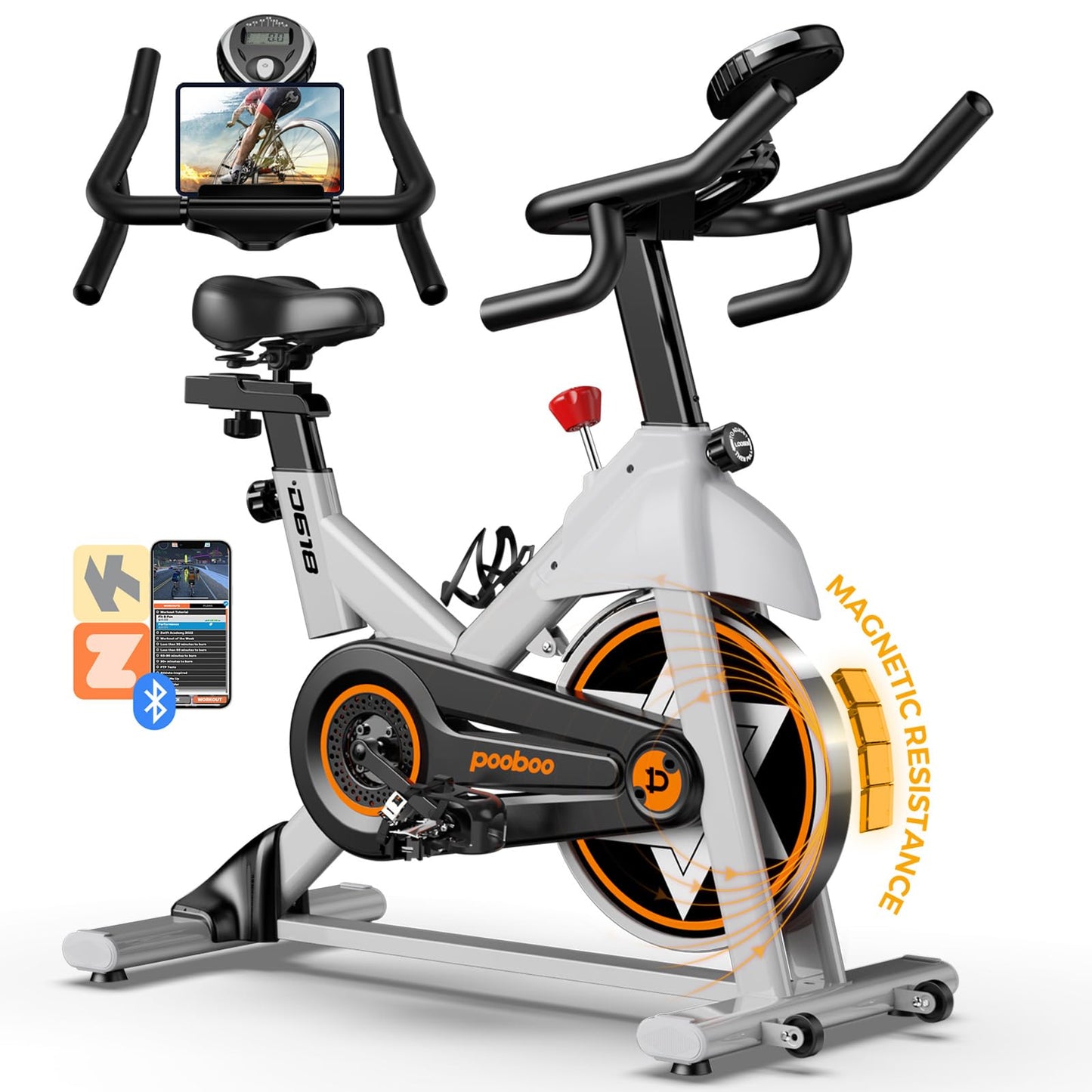 Exercise Bike, pooboo Stationary Bike for Home Gym, Magnetic Resistance Indoor Cycling Bike w/Bluetooth Comfortable Seat Cushion & Tablet Mount, Silent Belt Drive Indoor Bike for Cardio Workout