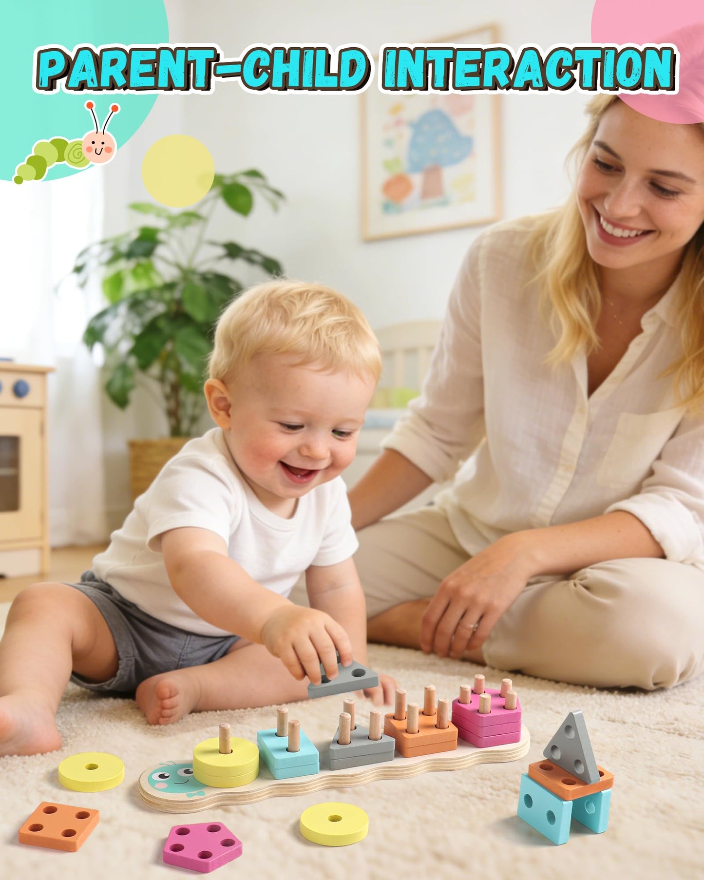 Zeewoo Montessori Toys for 1 2 3 Year Old Girl Boy Gifts Educational for 1-2 Year Old Caterpillar Wooden Shape Sorter Stacking Toys for Toddlers 2-4 Preschool Learning Toy Birthday Gift