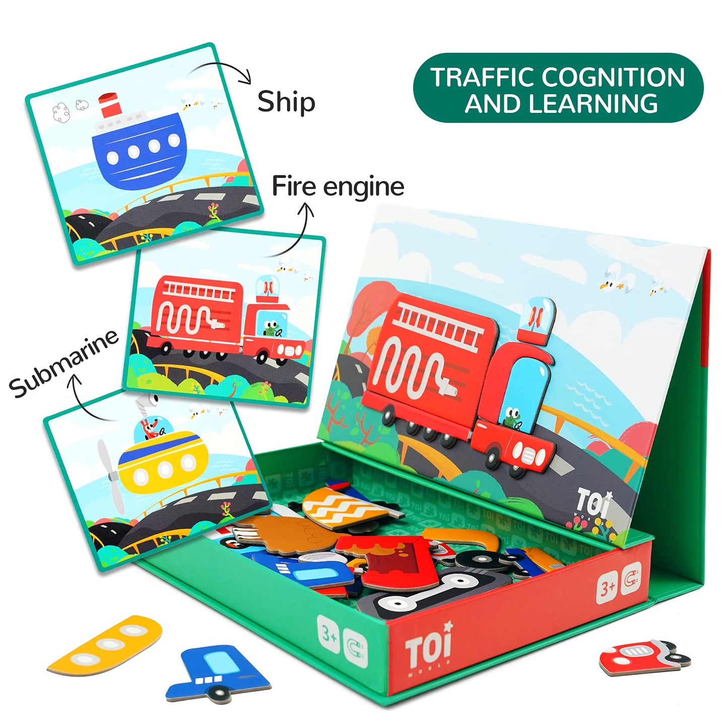 Toi Kids Magnet Toys Magnetic Jigsaw Puzzle Boxes with Game Board for Kids Ages 3-8, Portable Travel Game, Transport