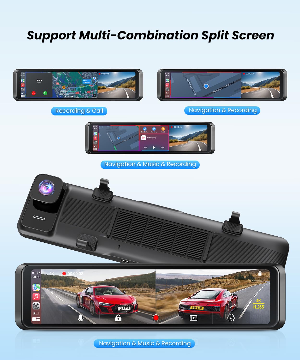 4K Rear View Mirror Camera with Carplay & Android Auto: 11.26" Smart Touch Screen Mirror Dash Cam Front and Rear with Voice Control, Parking Monitor, Reverse Assist for Car Truck SUV Van (64GB Card)