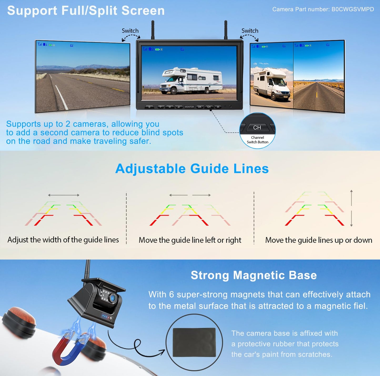 ZEROXCLUB Magnetic Solar Wireless Backup Camera HD 1080P 10" DVR Monitor, Dual RV Cameras Wireless System for Hitch Towing Travel RV Camper 5th Wheel, Built-in 9600mAh Battery & Solar Panel, BD102