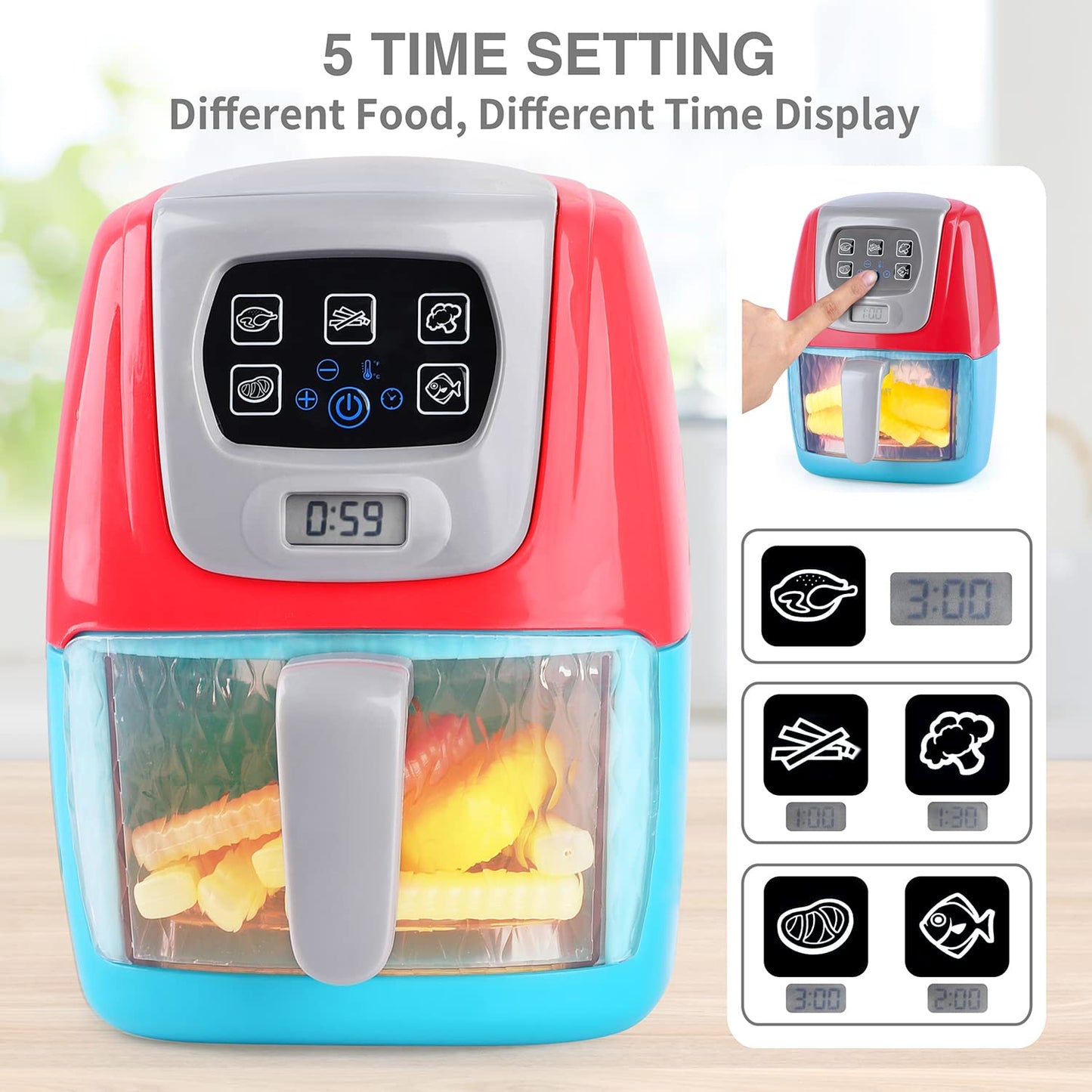 Toy Air Fryer for Kids, Kids Play Kitchen Playset Accessories, Chefs Pretend Kitchen Appliance Toys Oven w/Light, Sound, Play Food Grill Cooking Utensils for Boys Girls Toddlers 2+