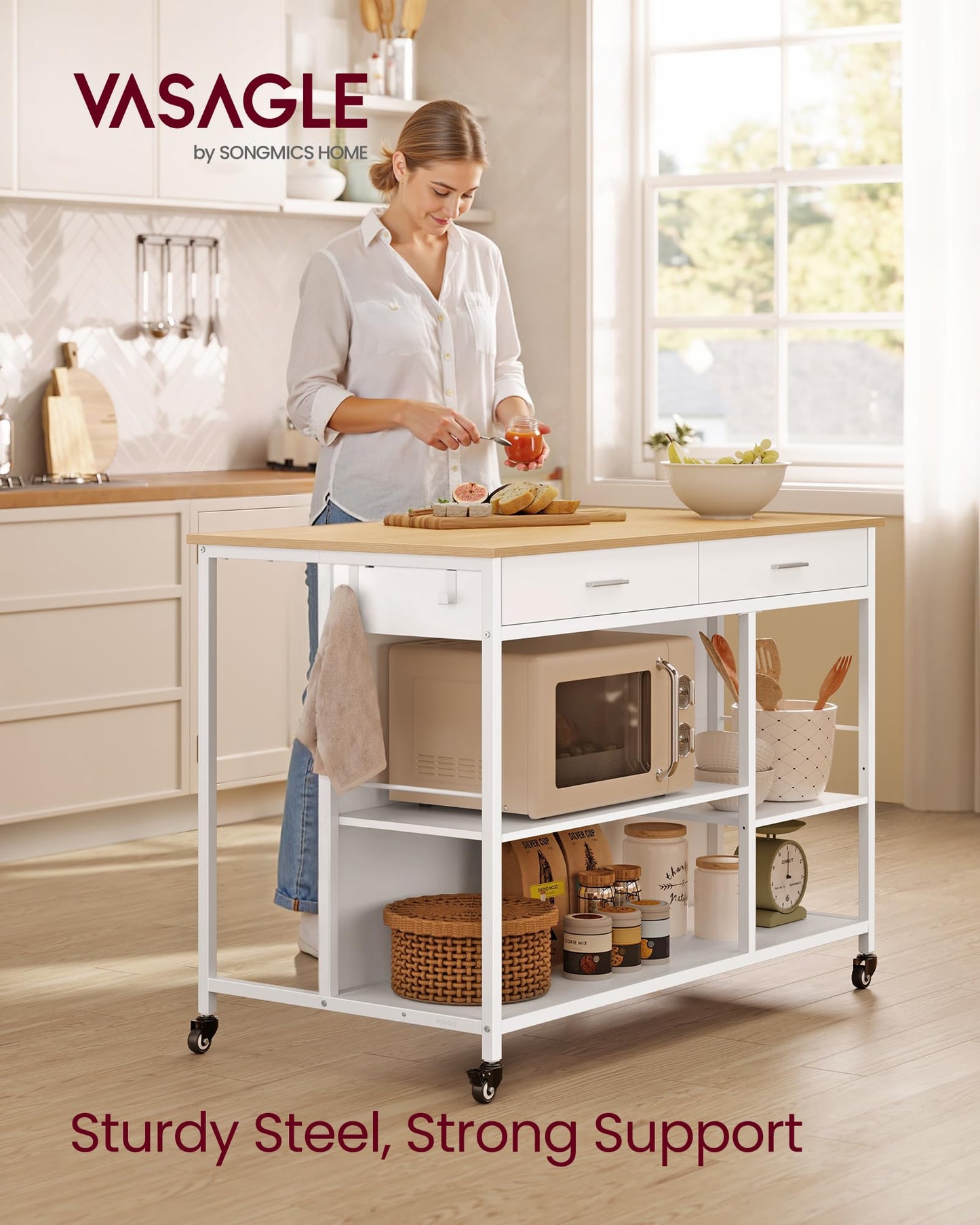 VASAGLE Kitchen Rolling Island, Mobile Kitchen Cart with Storage on Wheels, 27.6 x 43.3 x 35.4 Inches, 2 Drawers, 2 Hooks, for Dining Room, Oak Beige and Matte White UKKI011Y01