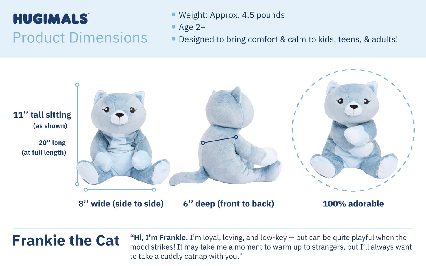 HUGIMALS Frankie the Cat 20 Inch 4.5 lb Heavy Cute Sensory Weighted Comfort Plush | Large Unscented Washable Self Care Calming Stuffed Animal for Kids, Teens and Adults