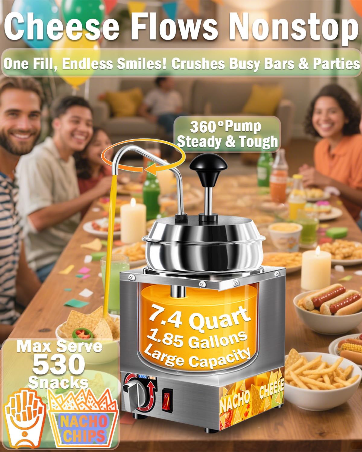 Nacho Cheese Dispenser, 7.4Qt Nacho Cheese Warmer with Stainless Steel Pump, Hot Fudge Warmer with 6-Level Temperature Adjustment, Commercial Sauce Dispenser Machine for Butter Cheese Caramel Syrup
