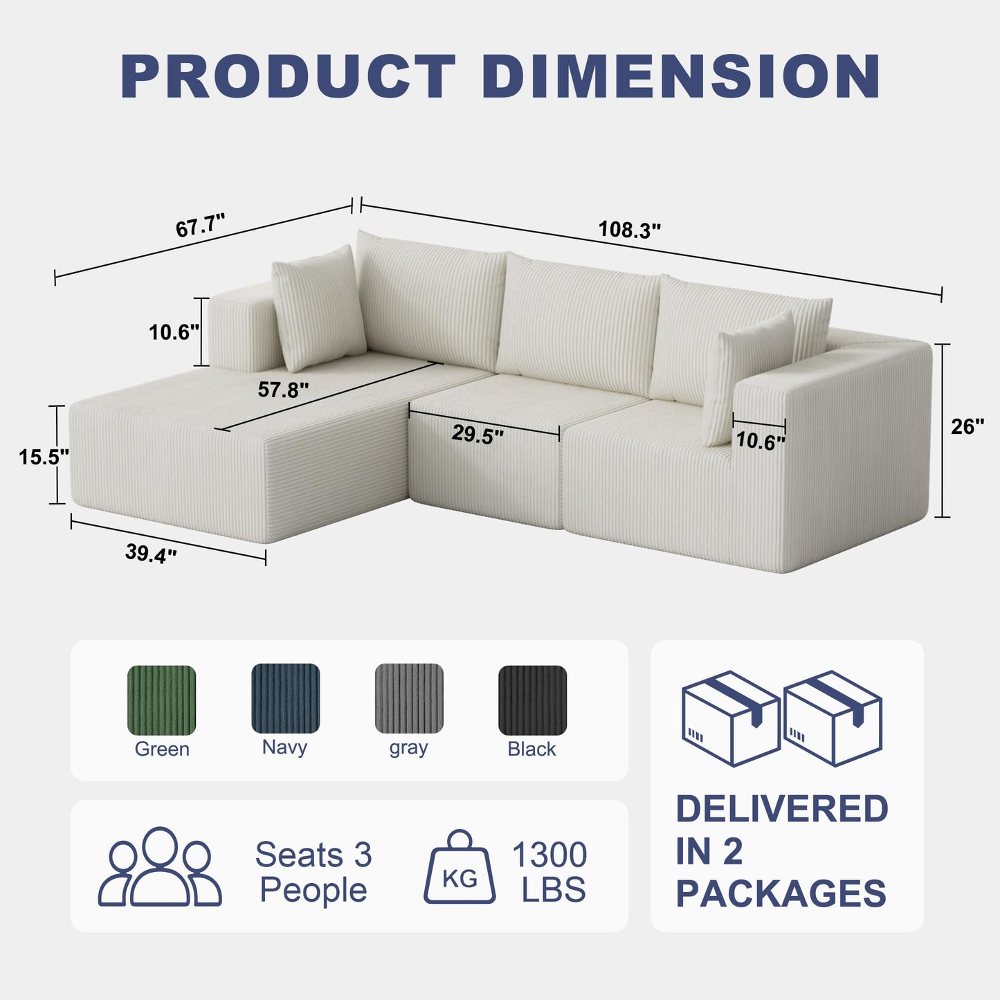 108" Boneless Couches for Living Room, Modular Cloud Couch Sofa - L Shap Corduroy Sectional Sofa, Fluffy Memory Foam Sleeper Sofa Furniture, No Assembly, Wide Armrest, Beige