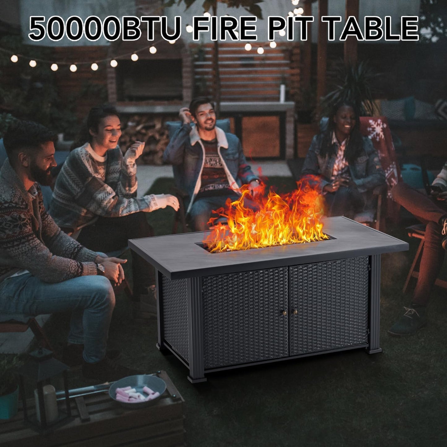 52" Propane Fire Pit Table, 50000BTU Rectangle Fire Table with Cover & Rain Cover, Sturdy Steel and Iron Fence Surface, CSA Safety Certified, Companion for Your Garden (Enlarged Version)