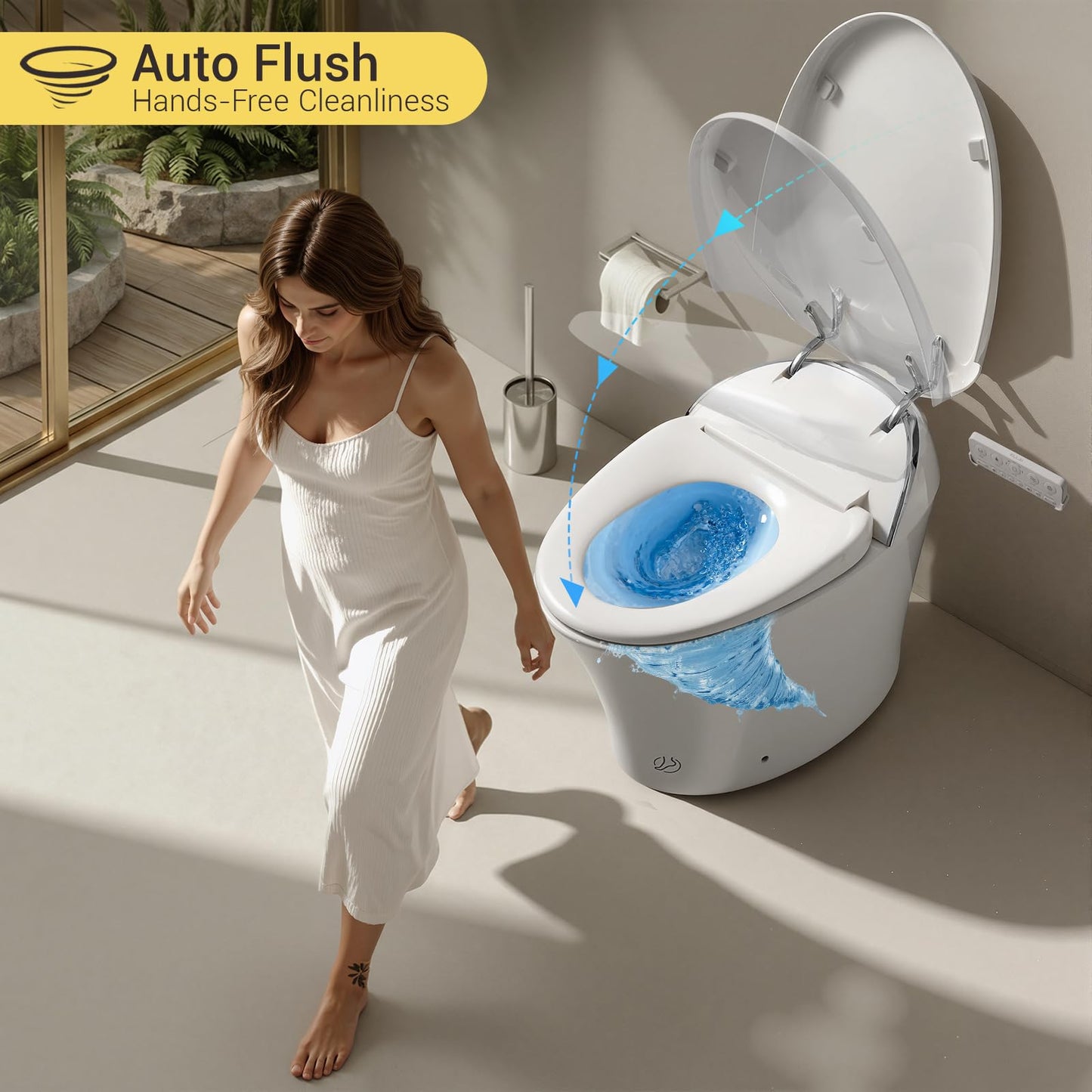 ELLAI Silver Strip Artistic Smart Toilet,Powerful Flush,Auto Open/Close,Comfort Height,Instant Warm Water&Dryer,Remote,Foot sensor,Auto flush,Heated seat,Deodorization,Low water pressure requirement