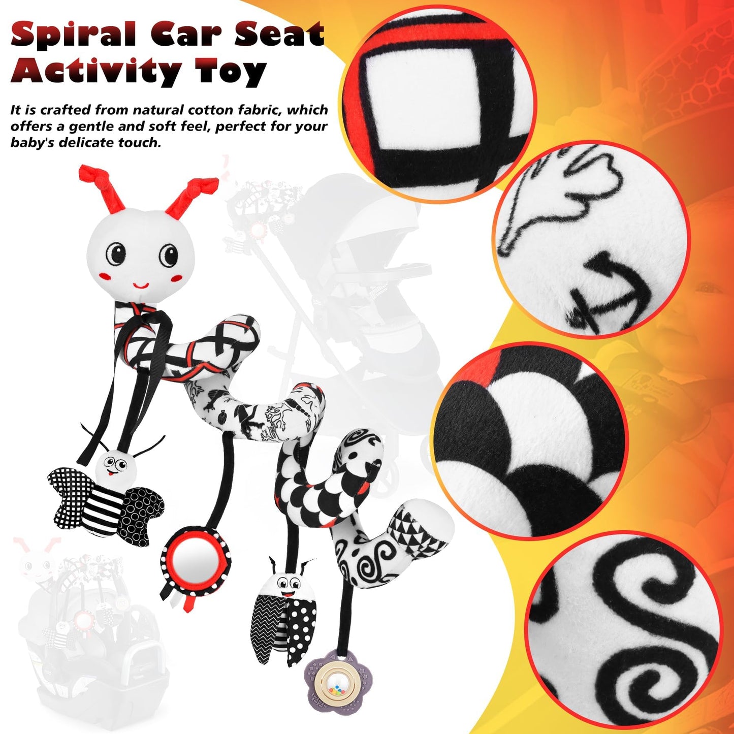 Zendstanding Car Seat Toys for Babies, 0-6 Months Stroller Activity Black White Baby Spiral Plush Toys Newborn High Contrast Sensory Carseat Toys with 4 Pendants Hanging Boys Girls Gift