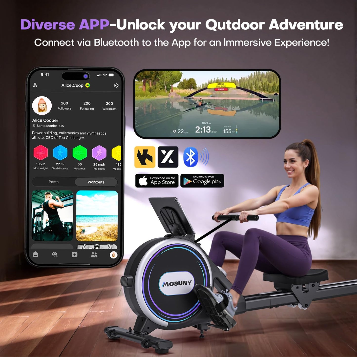 Rowing Machines for Home, 32-Level Adjustable Resistance, Magnetic Rowing Machine with App Supported, 400 LB Weight Capacity, Upgraded Dual Slide Rails with LCD Data Display Screen