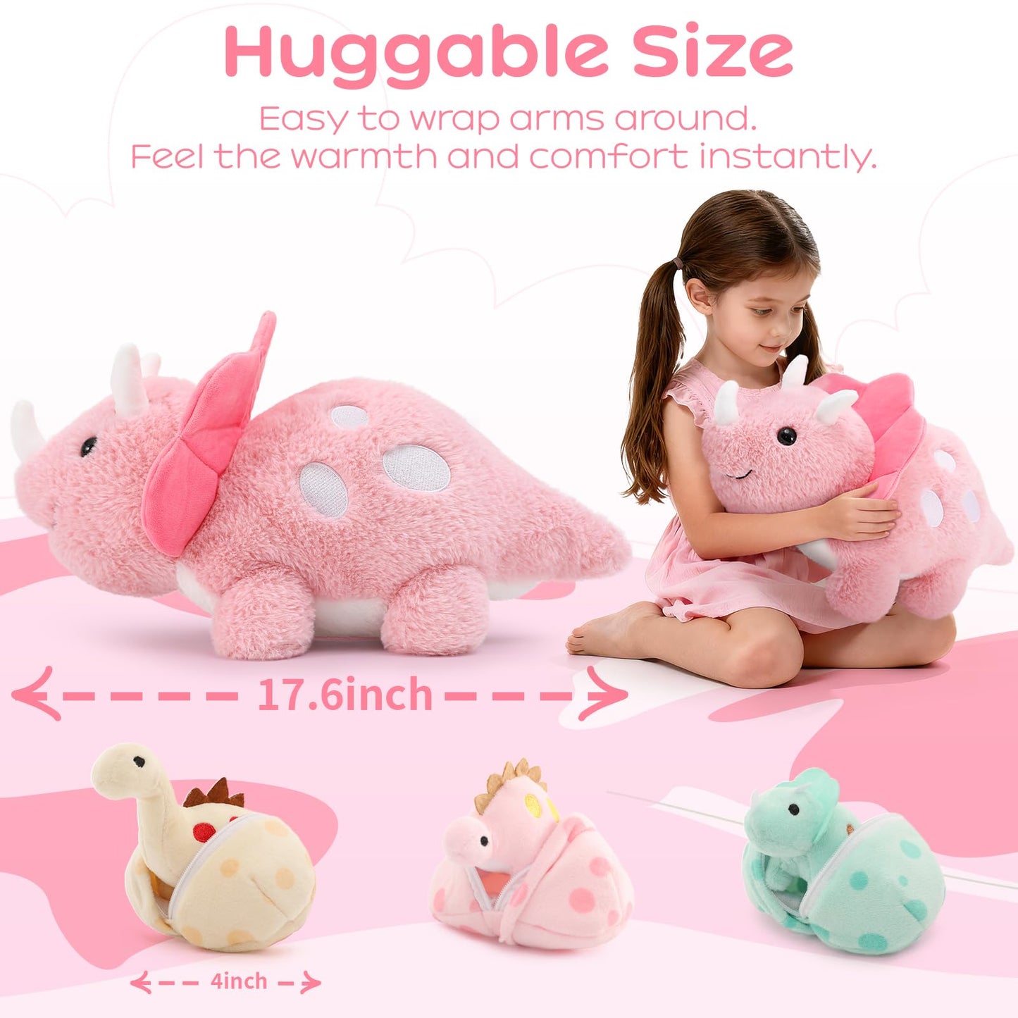 Karister 17.6in Pink Dinosaur Toys for Girls, Mommy Dinosaur Stuffed Animal with 3 Baby Dino Plush(Triceratops, Stegosaurus and Diplodocus),Small Dino Plushies for Girls and Boys,Gifts for Kids