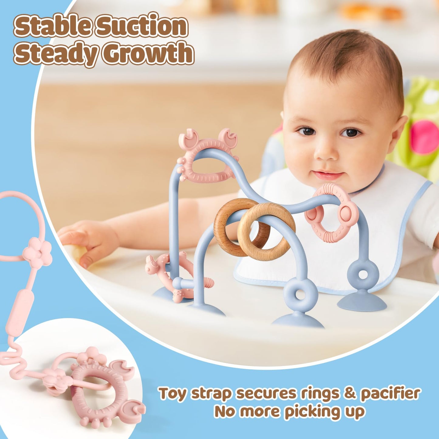 Baby Teething Relief Sensory Toys - Silicone Teether Tactile Developmental Toys for Babies, High Chair Suction Cup Toys, Montessori Activity Toy for Airplane Travel, Table, Highchair Tray